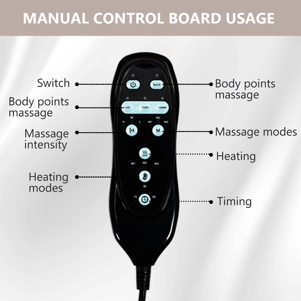 MANUAL CONTROL BOARD USAGE

- Switch
- Body points massage
- Massage intensity
- Heating modes

- Body points massage
- Massage modes
- Heating
- Timing
