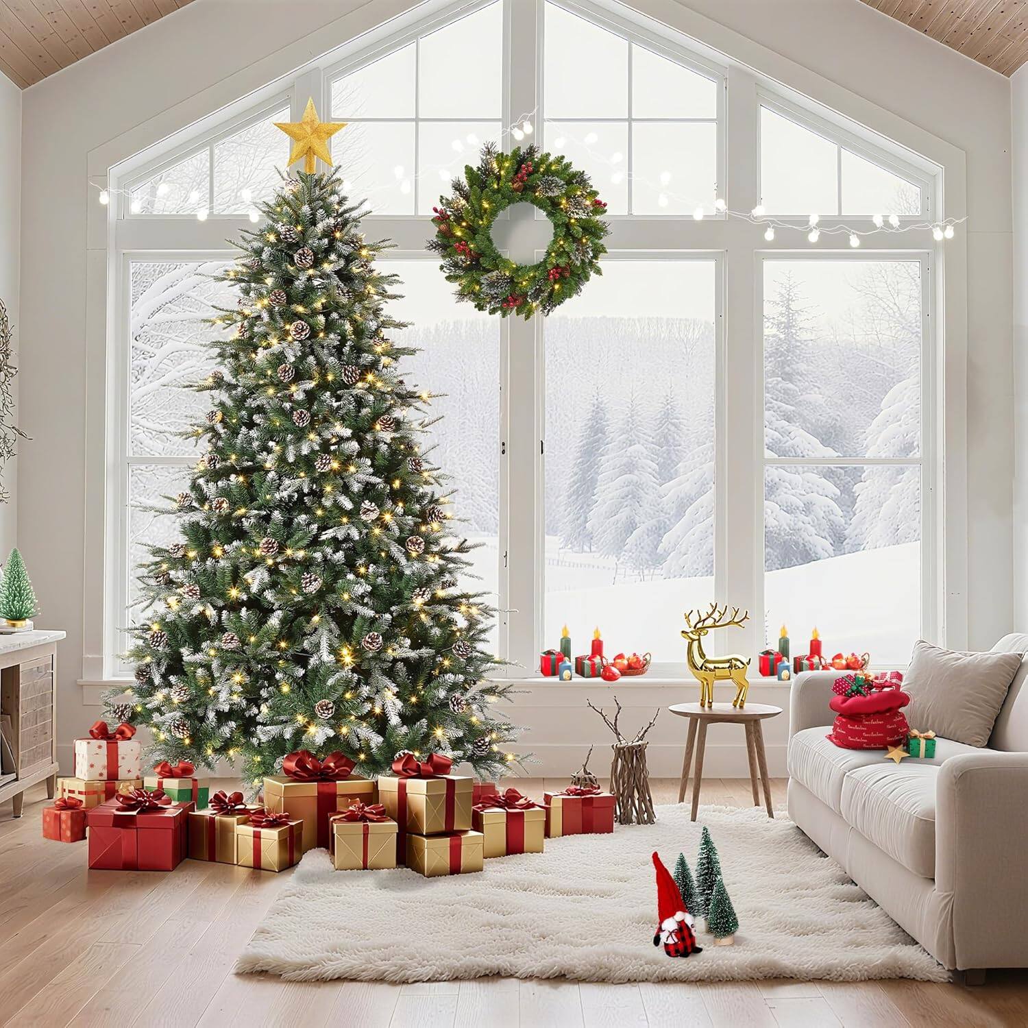 Alt View 2. Maxxis Merch - 6FT Pre-Lit Snow-Flocked Christmas Tree, 300 LED Lights, Pine Cones & Gloves, Folding Stand, Home D茅cor - Green.