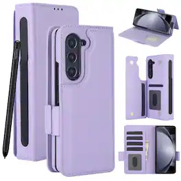 Dteck - For Samsung Galaxy Z Fold8 Ultra Wallet Case Shockproof PU Leather Pen Holder Card Slots Magnetic Clasp Kickstand Cover - Purple