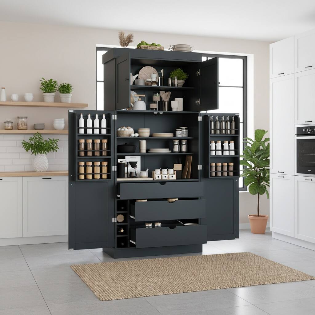 Left. Forest'nSky - 77" Tall Kitchen Pantry Cabinet, Shaker Style with Adjustable Shelves, Drawers & Wine Racks,Grey - Grey.