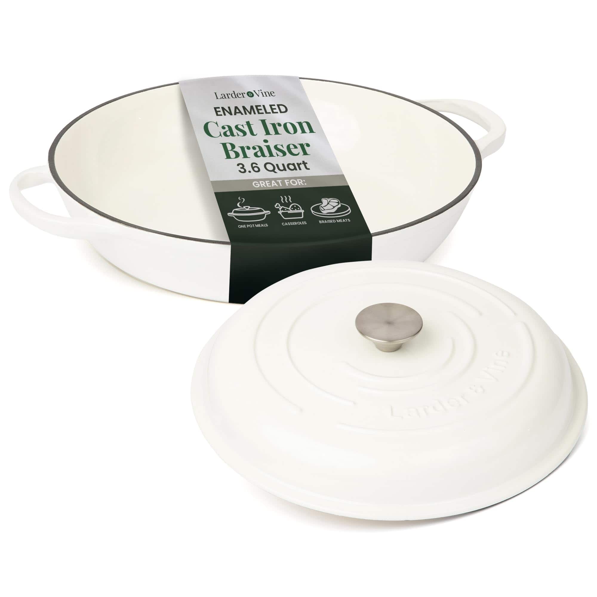 Larder & Vine - 3.6 qt Enameled Cast Iron Braiser with Lid - White