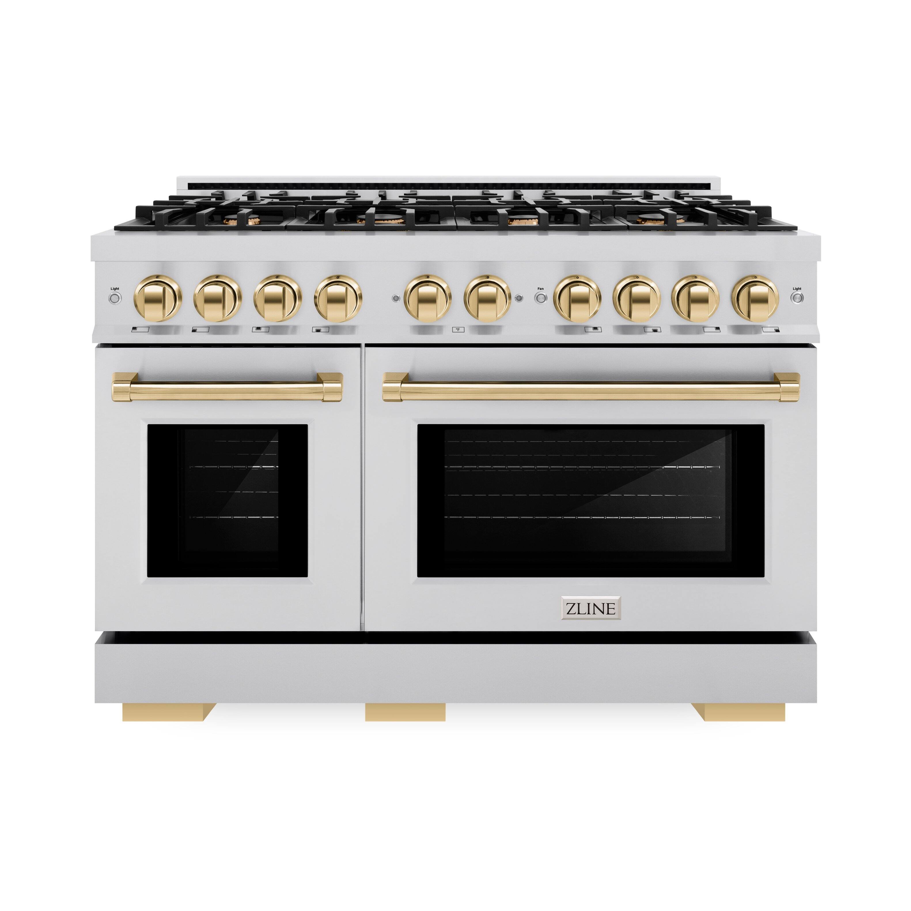 Angle. ZLINE - ZLINE Autograph 48 in. 6.7 cu. ft. Freestanding Select Gas Range w/ 8 Burners & Polished Gold Accents (HGRZ-48-G) - Stainless Steel.