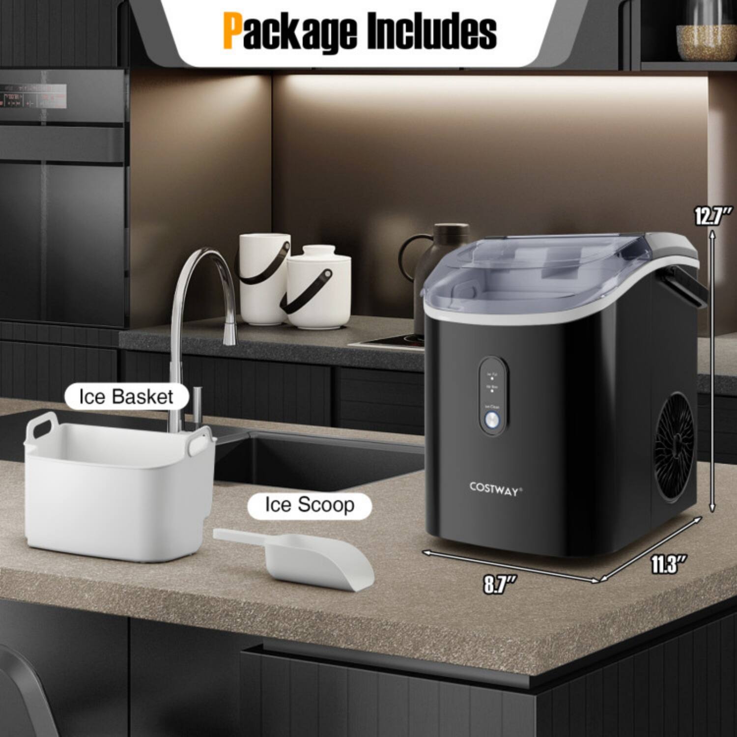 Package Includes

- 12.7" Ice Basket
- 8.7" Ice Scoop
- 11.3" (height of the machine)