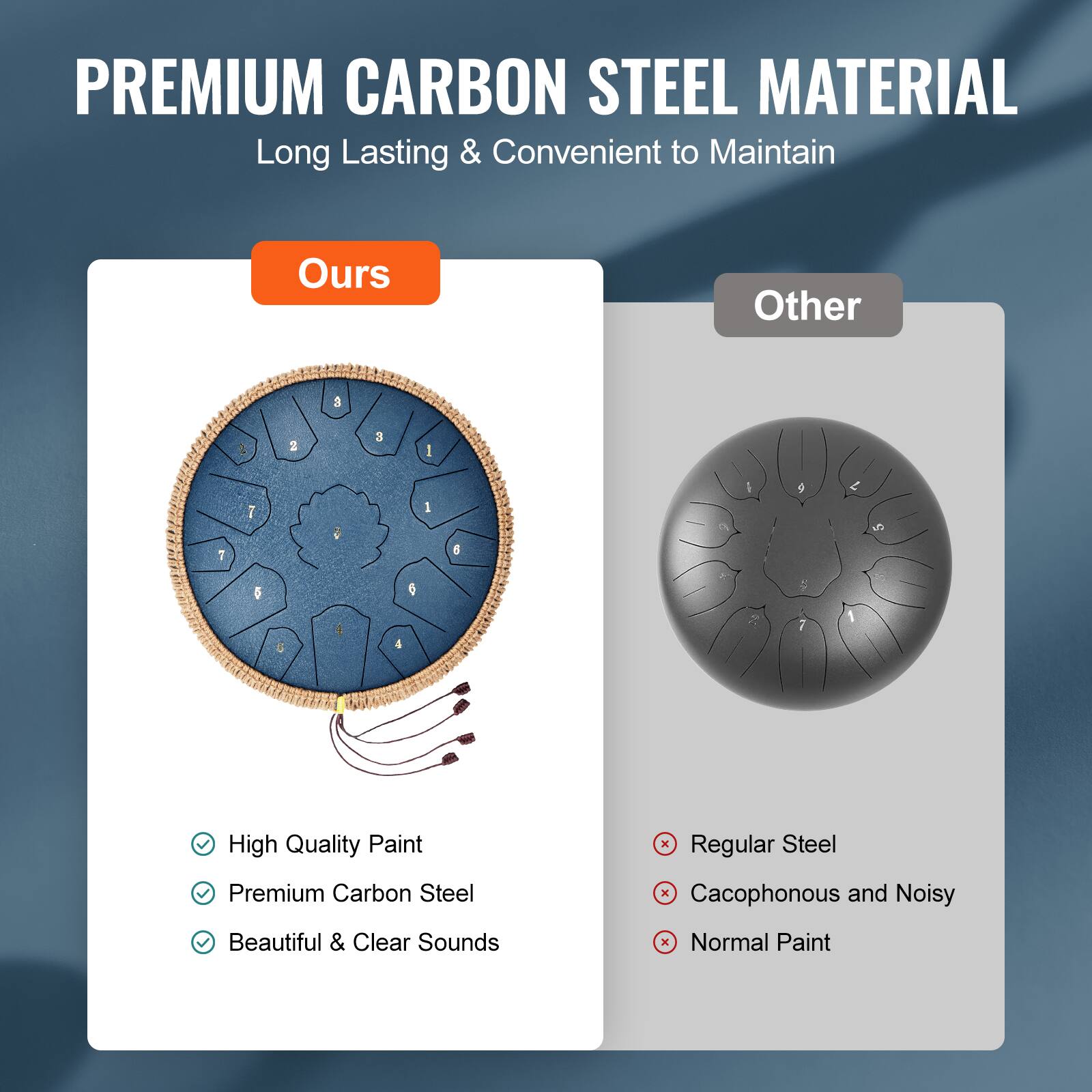**PREMIUM CARBON STEEL MATERIAL**  
Long Lasting & Convenient to Maintain

---

**Ours**  
- High Quality Paint  
- Premium Carbon Steel  
- Beautiful & Clear Sounds  

---

**Other**  
- Regular Steel  
- Cacophonous and Noisy  
- Normal Paint