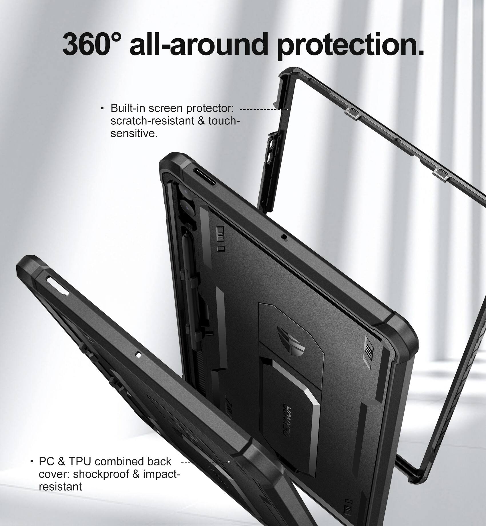 360° all-around protection.

- Built-in screen protector: scratch-resistant & touch-sensitive.

- PC & TPU combined back cover: shockproof & impact-resistant