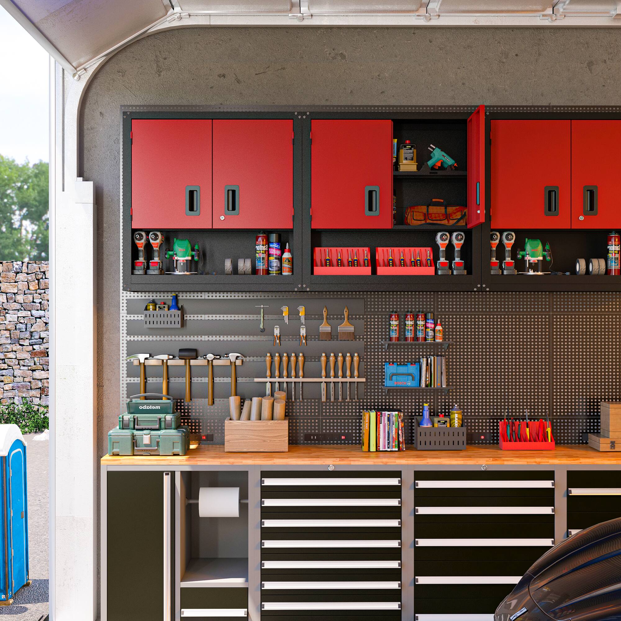 Back. TinyHomie - Garage Wall Cabinet with Locking Doors and Adjustable Shelf, Metal Wall Cabinet, Floating Upper Storage Cabinet in Red - Red+Black.