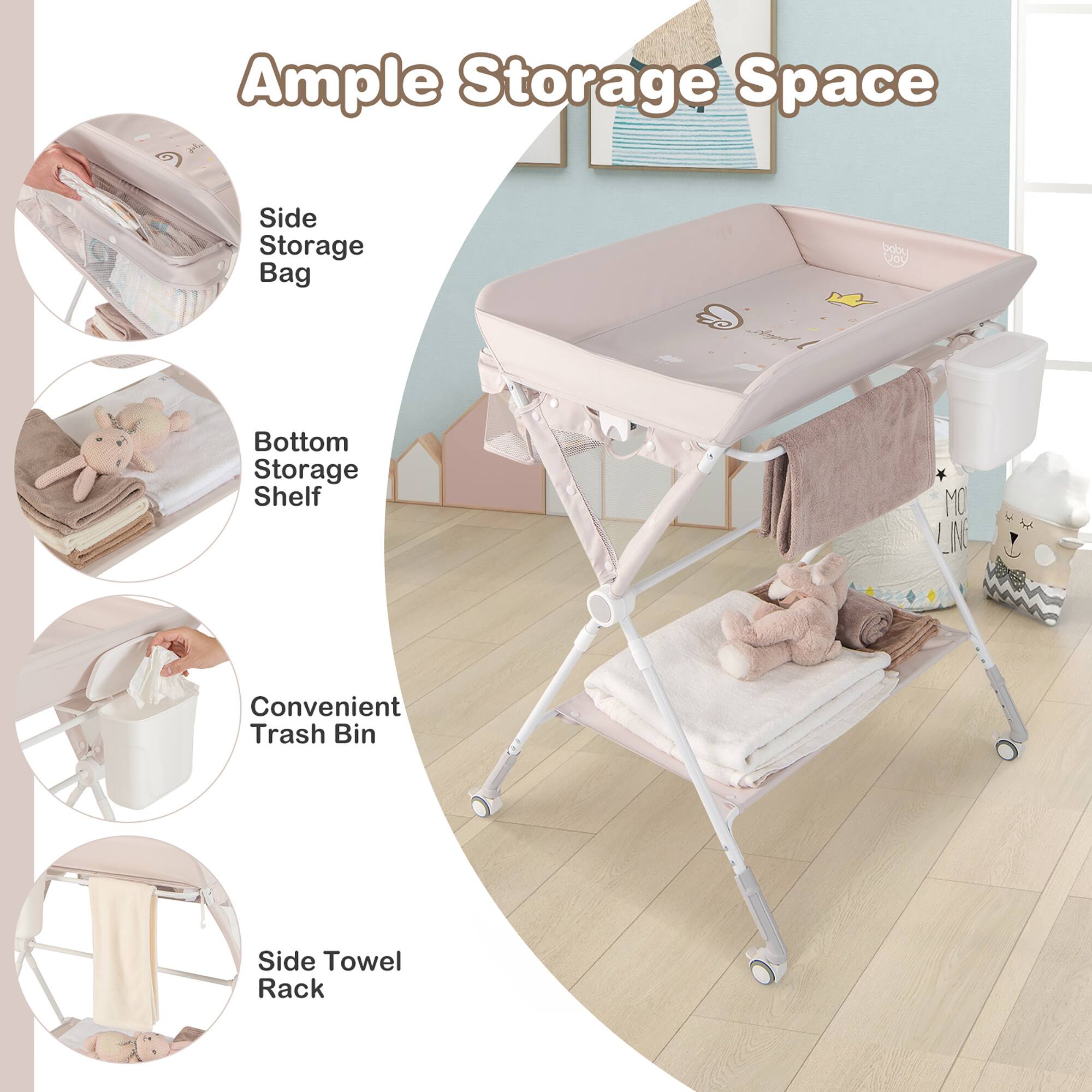 Ample Storage Space

- Side Storage Bag
- Bottom Storage Shelf
- Convenient Trash Bin
- Side Towel Rack