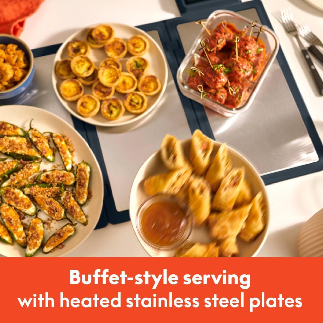 Buffet-style serving with heated stainless steel plates