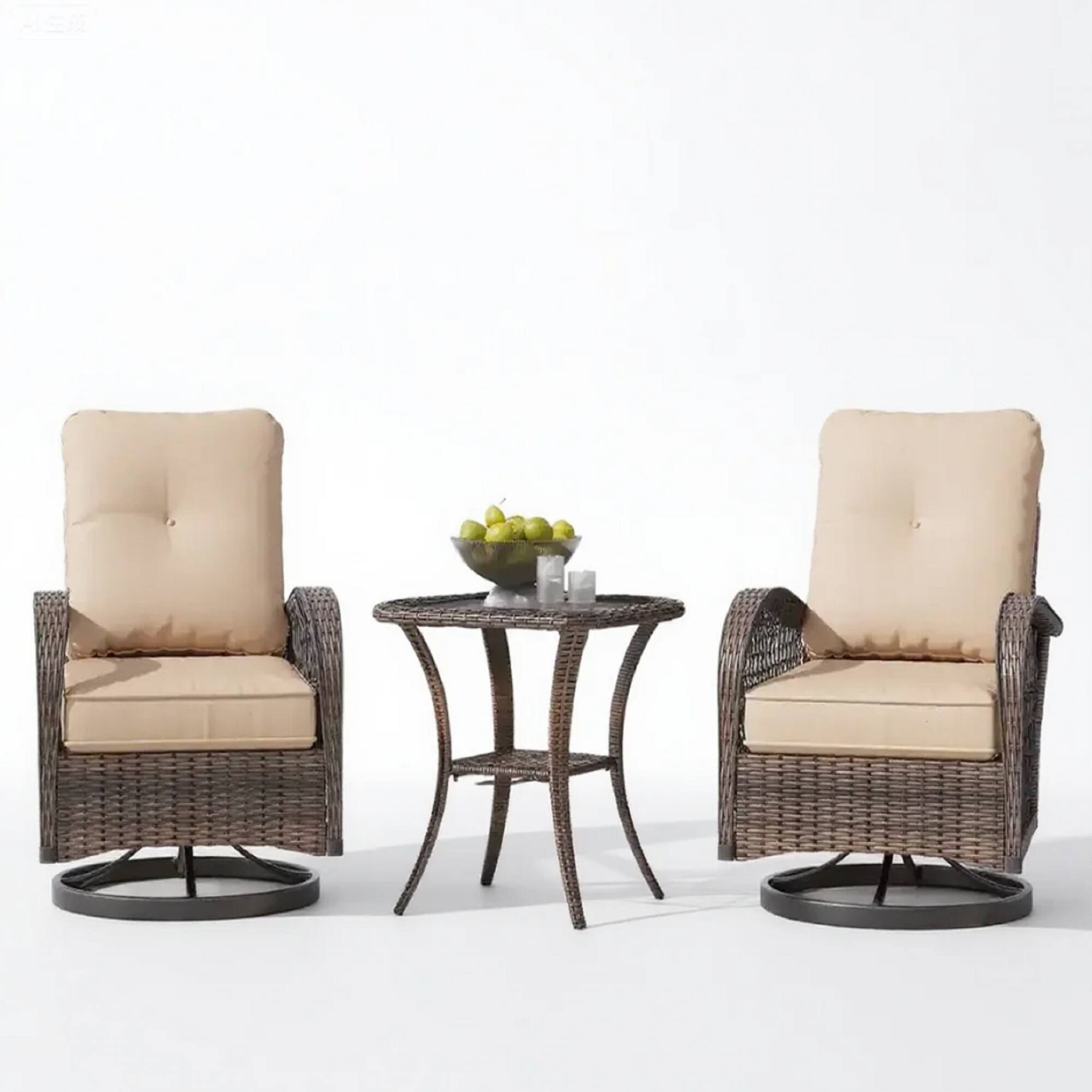 Front. U-HOMY - Outdoor Swivel Rocking Chair Set with Glass Table - Khaki.