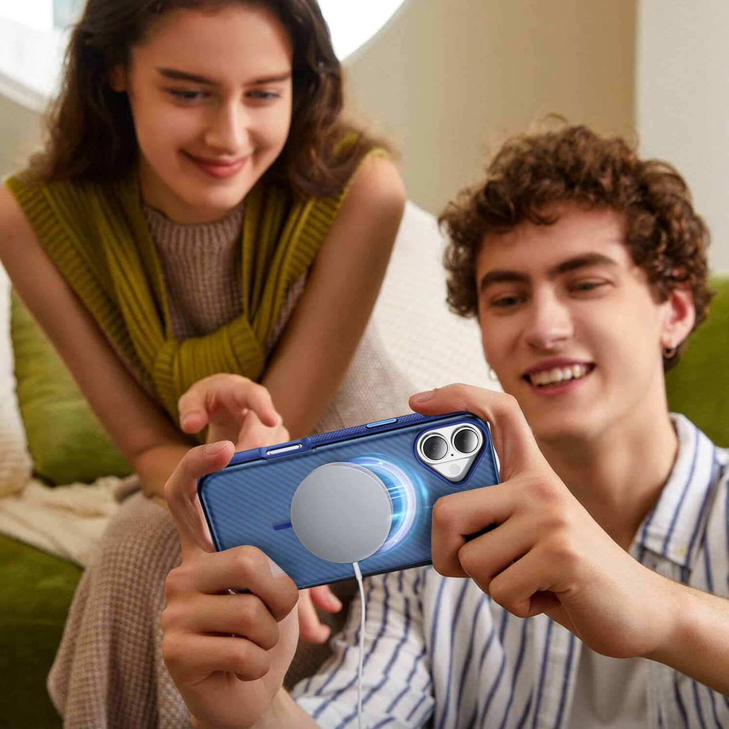Alt View 4. Equipd - Case for iPhone 17 (6.3") MagSafe Compatible, Skin-Friendly Grip Bumper Shockproof Protection Carbon Fiber Texture Cover - Blue.