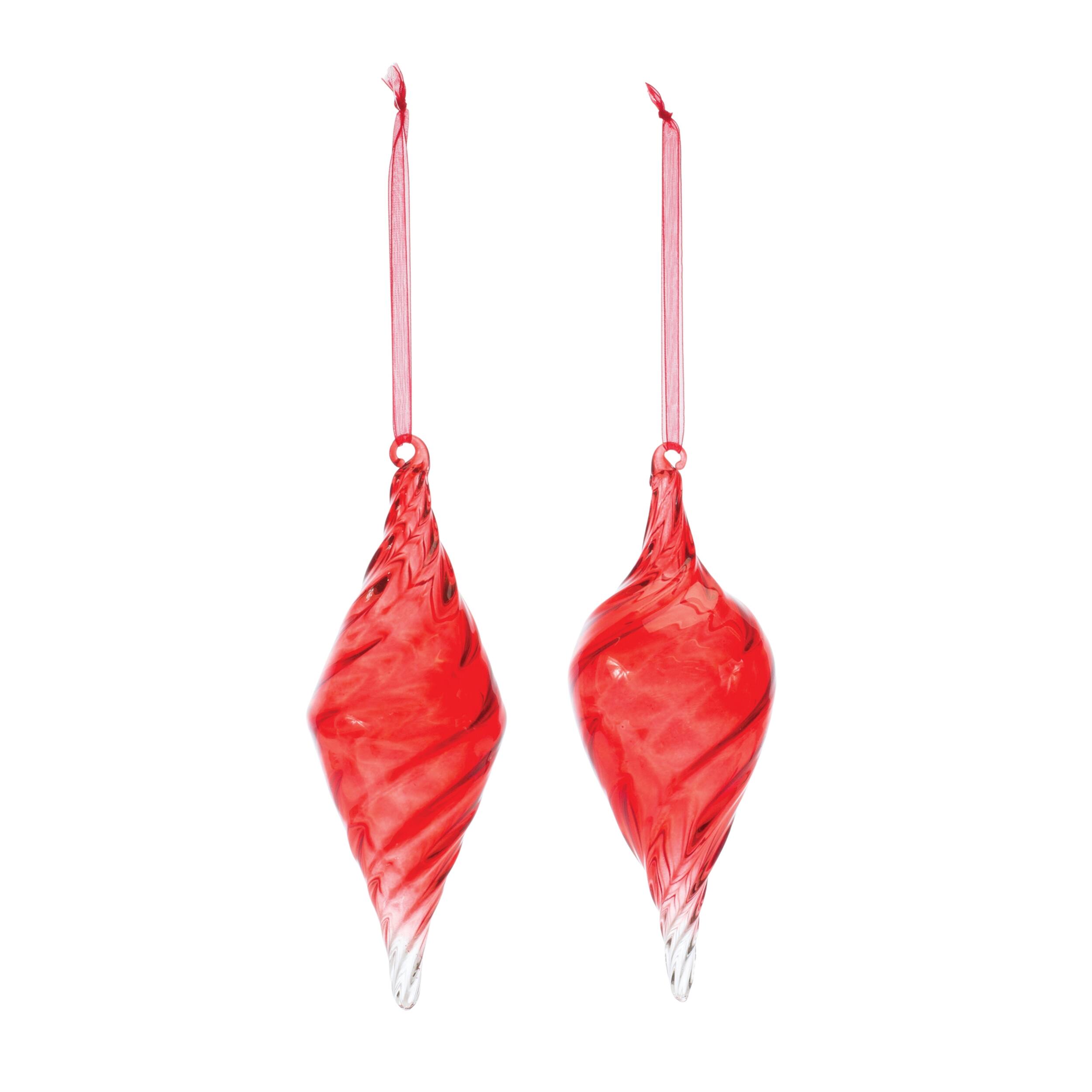 Angle. BreeBe - Swirl Glass Drop Ornament (Set of 12) - Red, Clear.