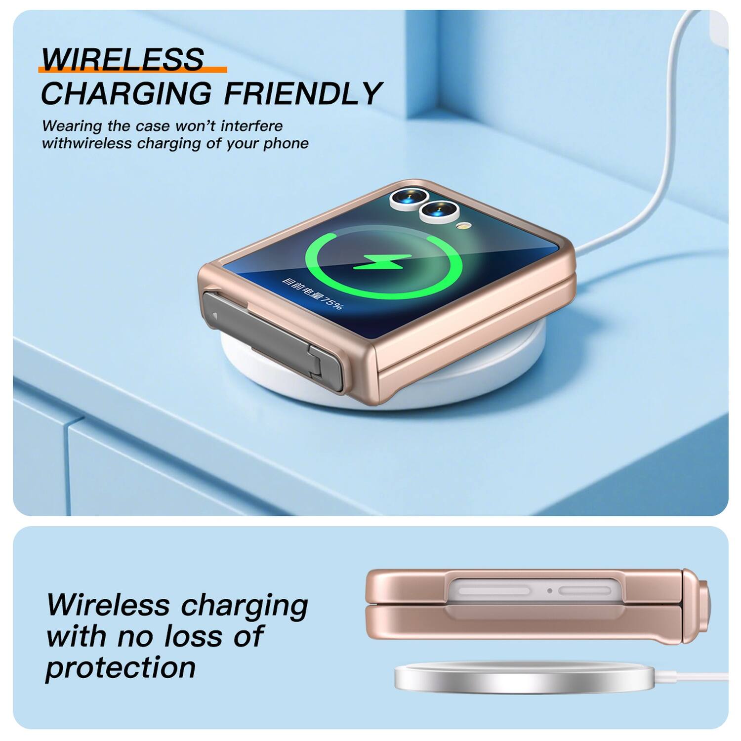 WIRELESS CHARGING FRIENDLY  
Wearing the case won't interfere with wireless charging of your phone  

Wireless charging with no loss of protection