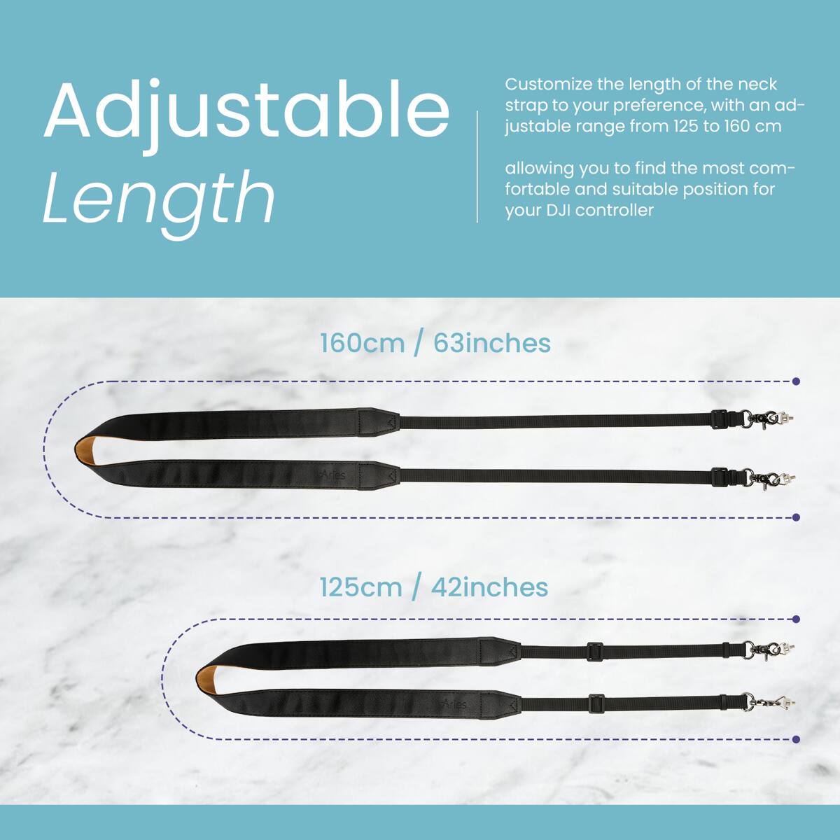 Customize the length of the neck strap to your preference, with an adjustable range from 125 to 160 cm allowing you to find the most comfortable and suitable position for your DJI controller.

160cm / 63 inches

125cm / 42 inches
