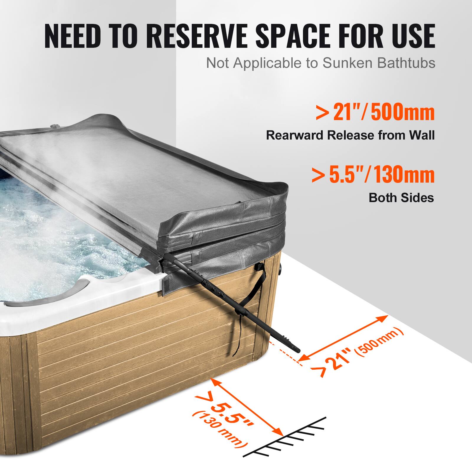 NEED TO RESERVE SPACE FOR USE  
Not Applicable to Sunken Bathtubs  

> 21"/500mm  
Rearward Release from Wall  

> 5.5"/130mm  
Both Sides
