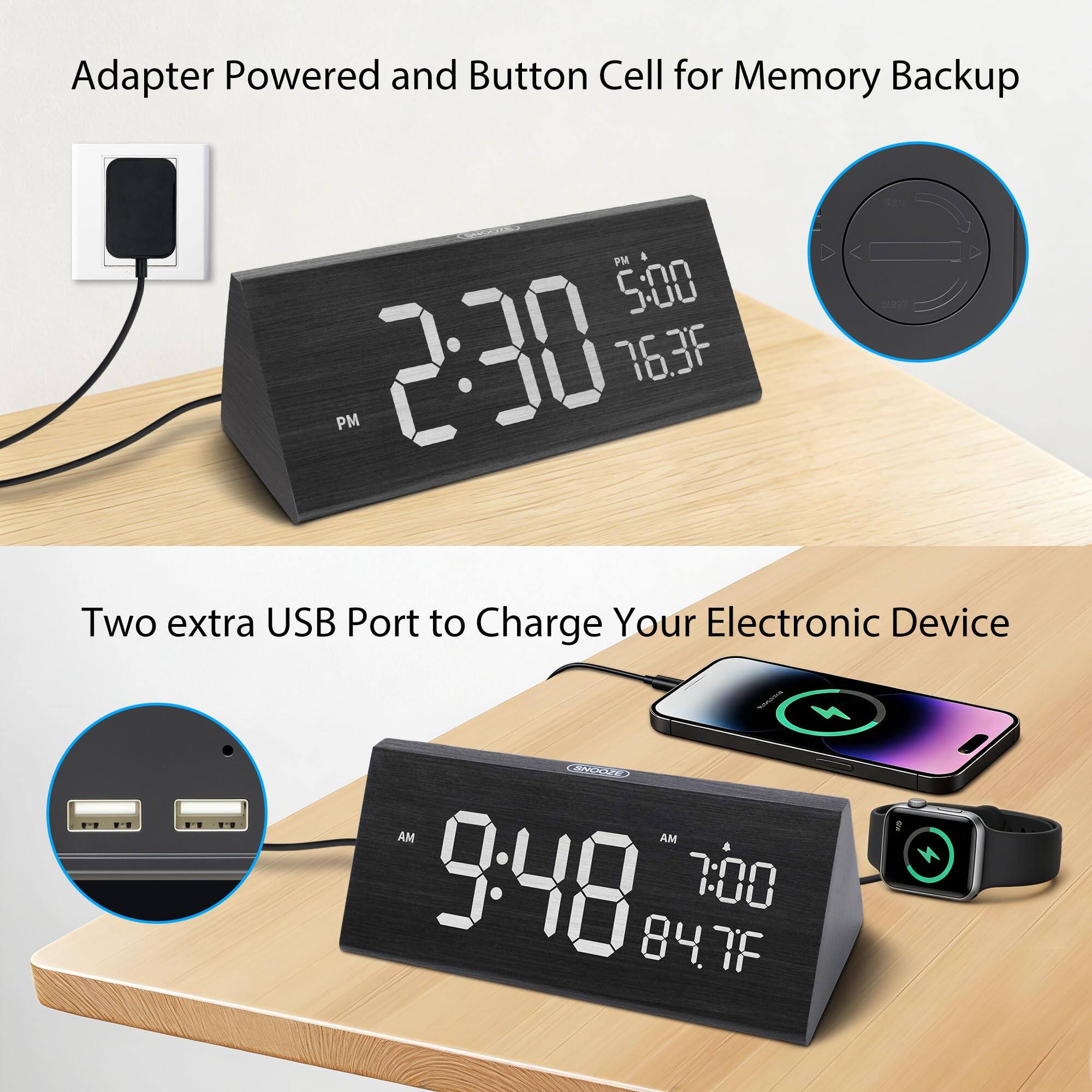 Adapter Powered and Button Cell for Memory Backup  
PM 5:00 2:30 76.3F  

Two extra USB Port to Charge Your Electronic Device  
AM 9:48 7:00 84.7F