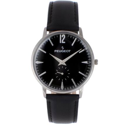 Front. Peugeot - Men's 40mm Vintage Remote Sweep Leather Strap Watch - Black.