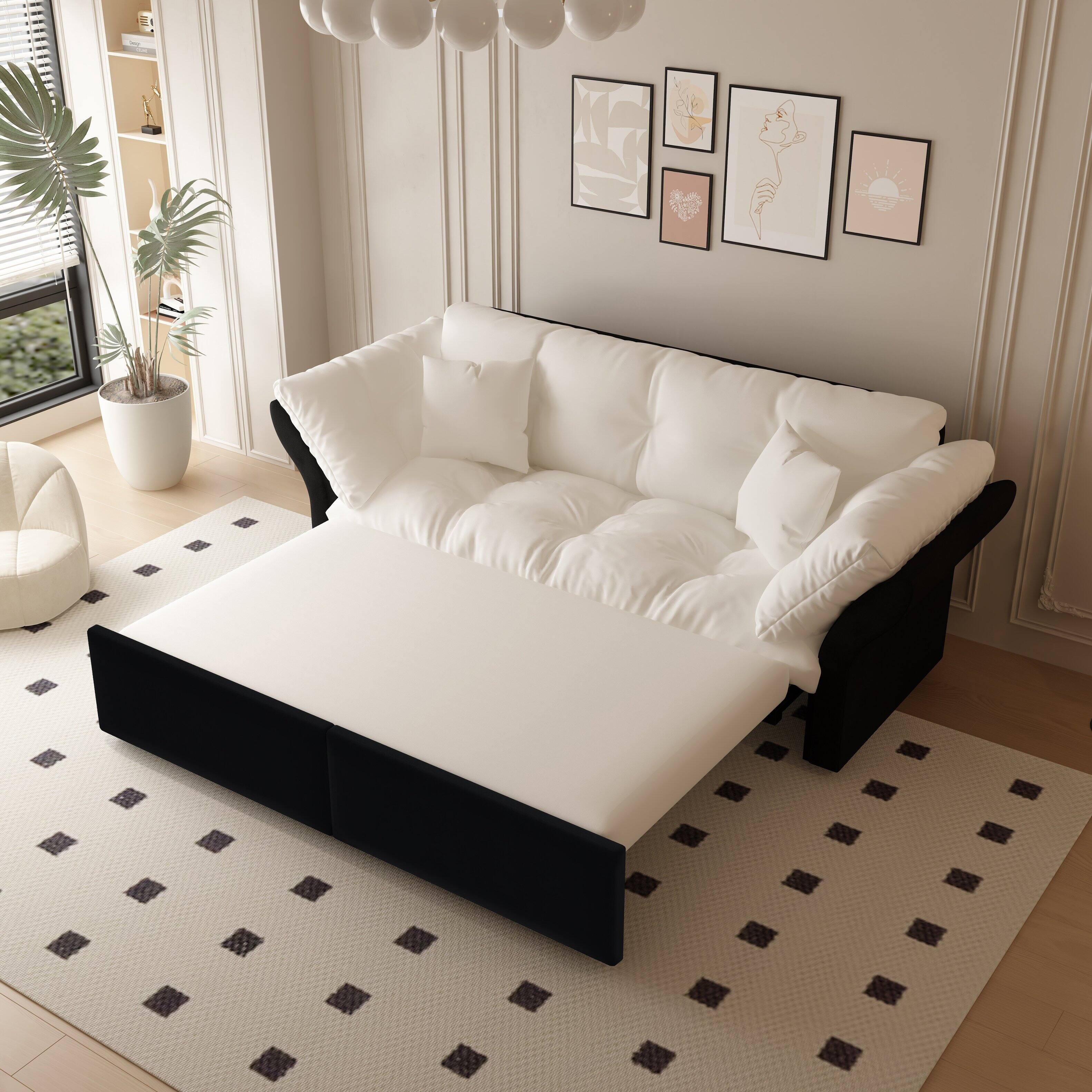 Left. Anysun - Queen 3-in-1 Pull Out Sofa Bed - Tufted Velvet Design, Includes 2 Pillows, Multi-Functional Loveseat. - White.
