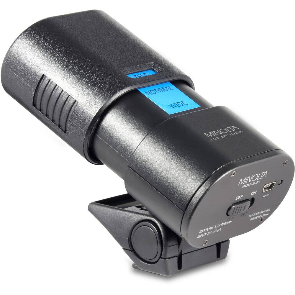 MINOLTA LED SPOTLIGHT  
MINOLTA AU LEP  
NORMAL WIDE  
MINOLTA  
MINOLTA MAGNOL-LEDSPP  
ON OFF  
BATTERY: 3.7V 800mAh  
INPUT: 5V = 1A  
MADE IN CHINA  
ELITE BRANDS INC.