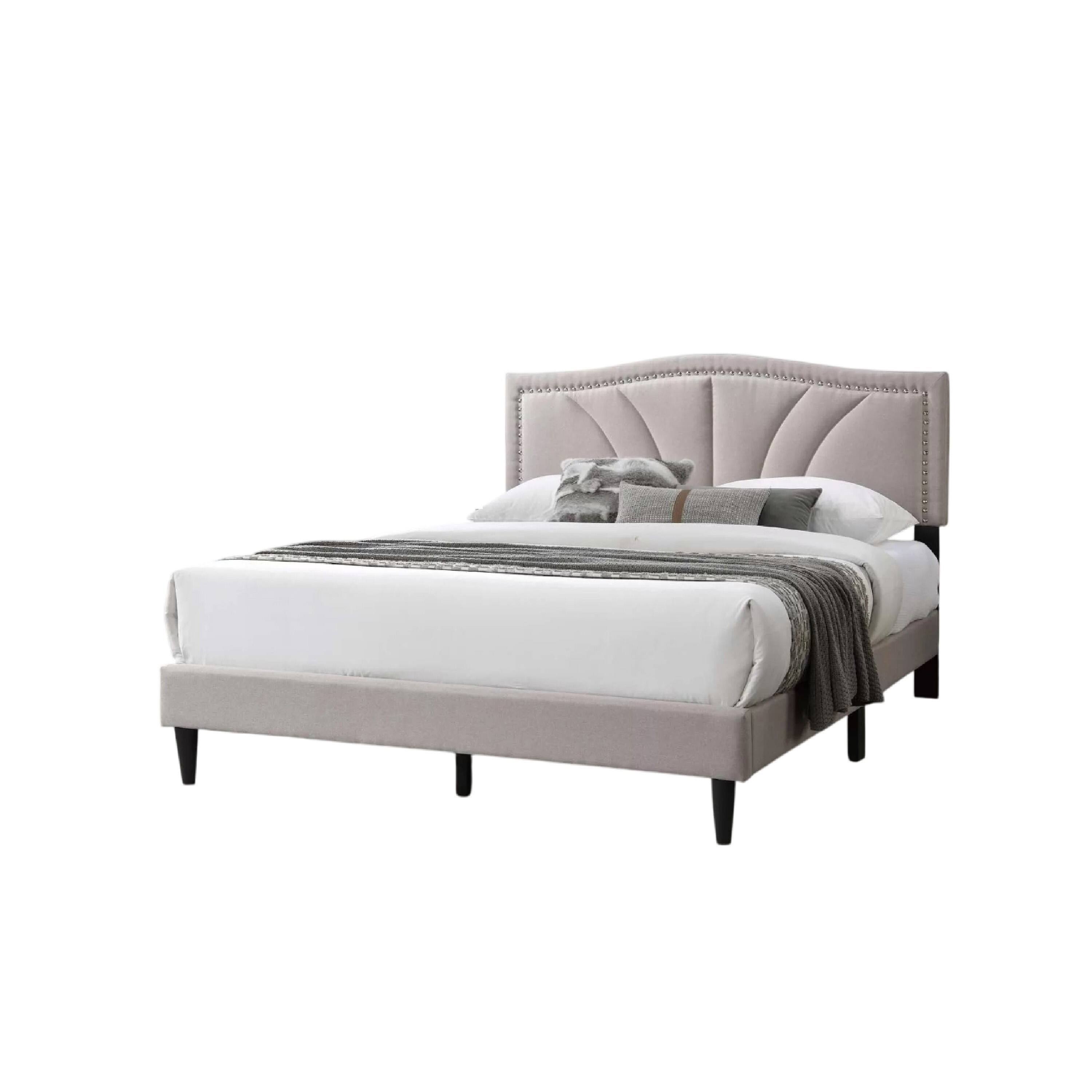 Alt View 2. Manhattan Lane - Carie Full Bed, Light Brown Burlap Upholstery, Padded Headboard - Light Brown, Black.