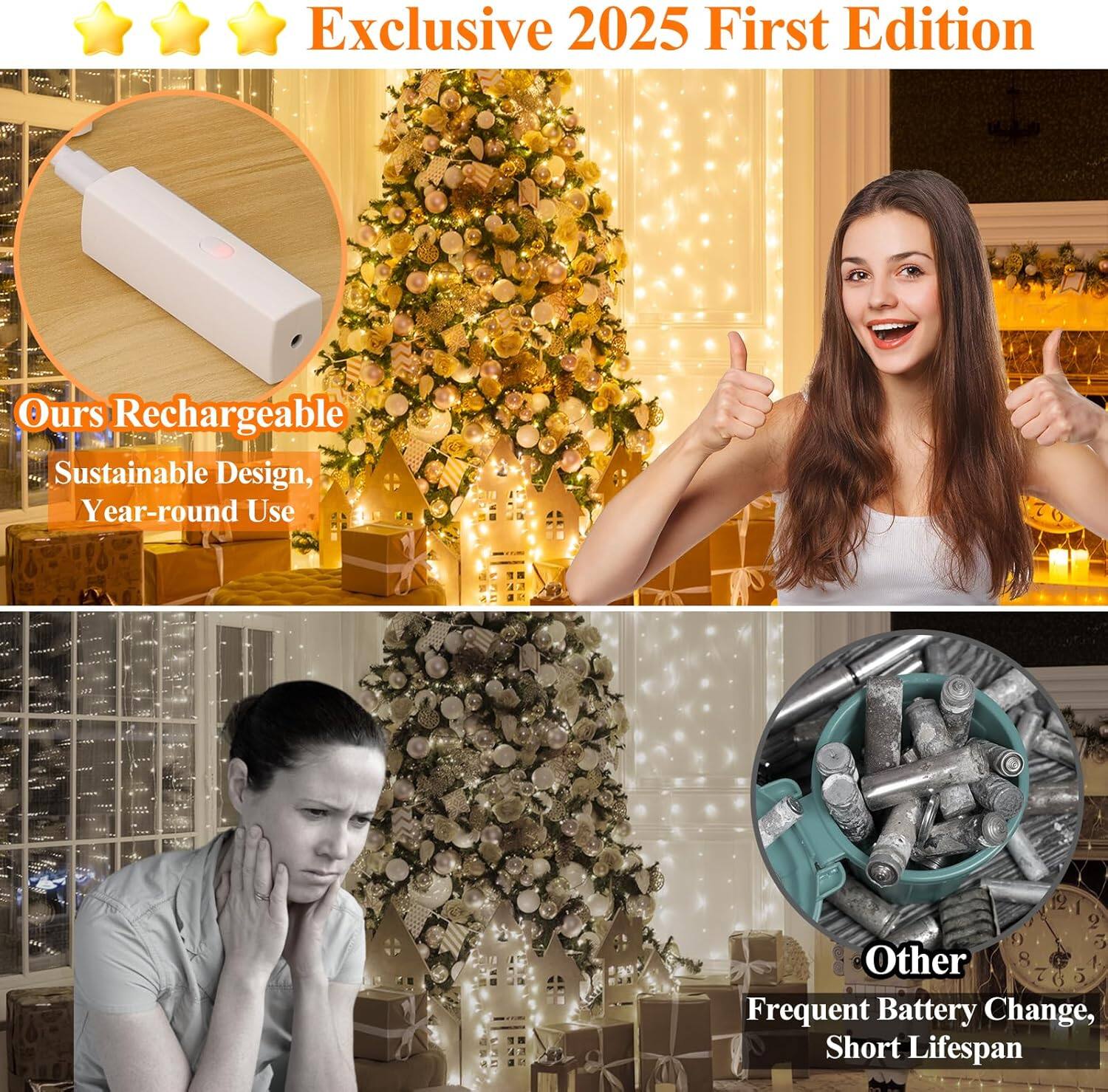 Exclusive 2025 First Edition

Ours Rechargeable  
Sustainable Design, Year-round Use

Other  
Frequent Battery Change, Short Lifespan
