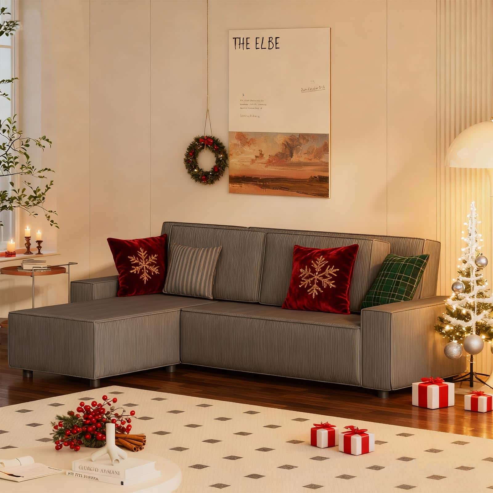 Acekool - 96 Inches Large Stripe Sectional Sofa,L Shaped Modern Corduroy Couch with Side Chaise, Comfy Sofa Couch with Deep Chaise - Gray