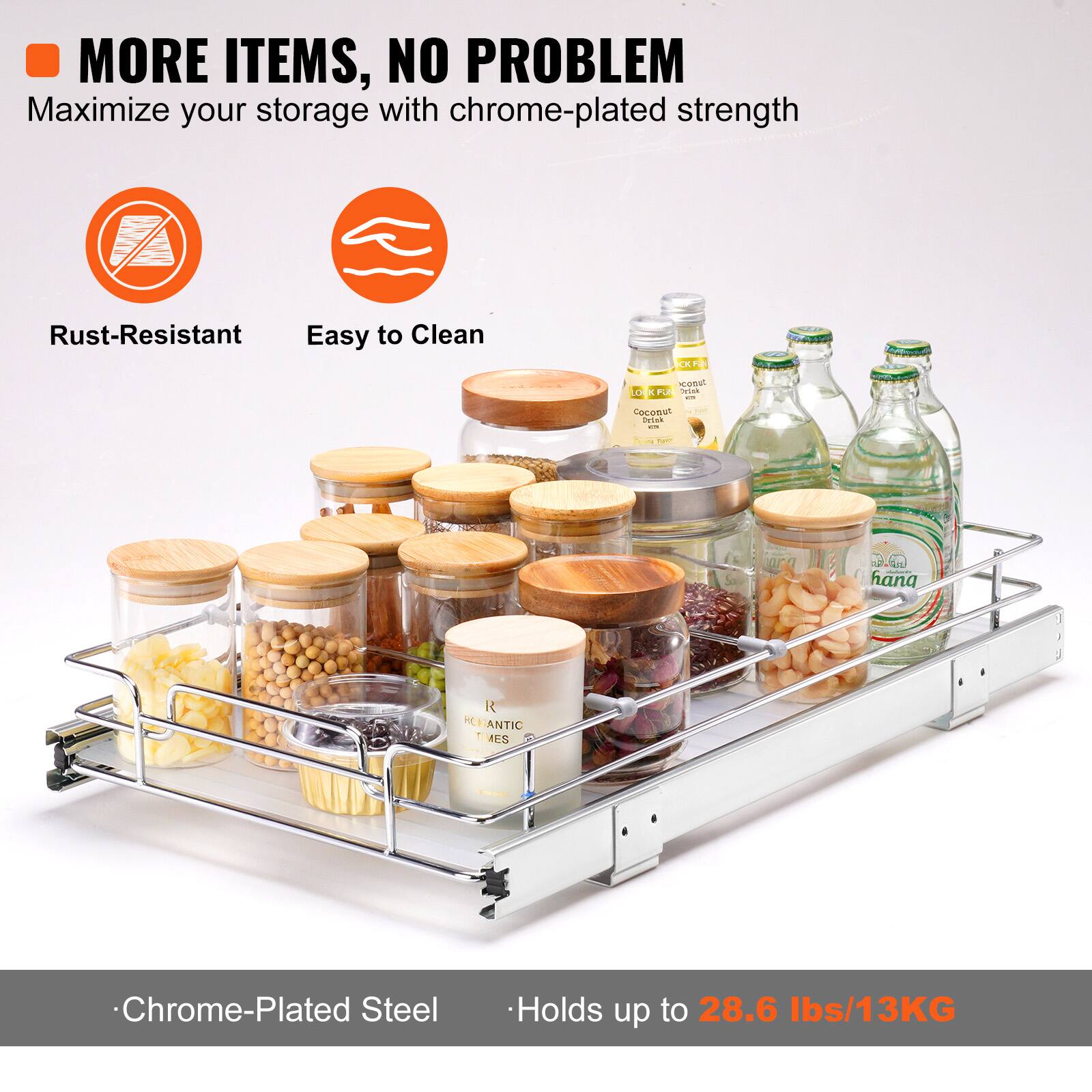 MORE ITEMS, NO PROBLEM  
Maximize your storage with chrome-plated strength.  
Rust-Resistant  
Easy to Clean  

- Chrome-Plated Steel  
- Holds up to 28.6 lbs/13KG