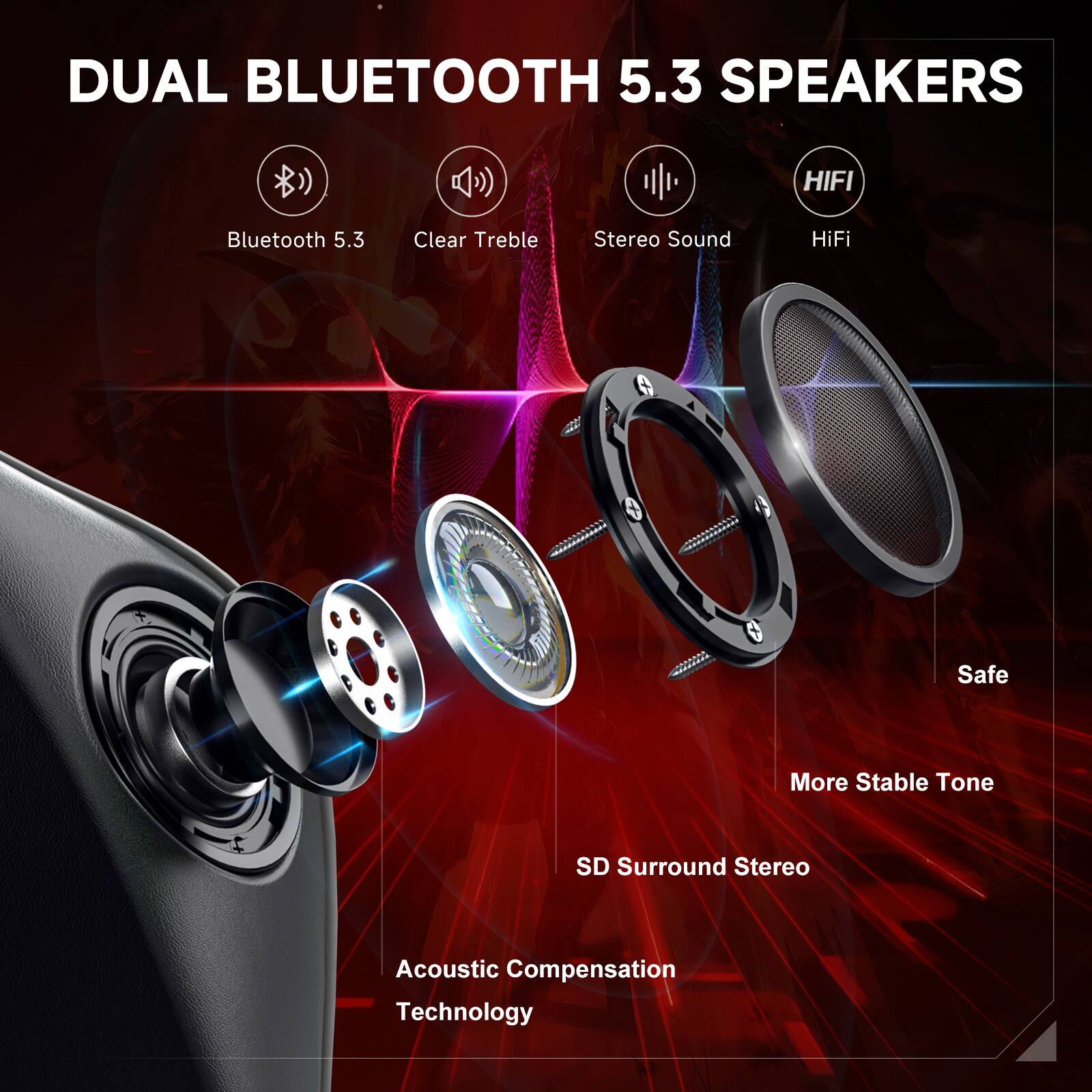 DUAL BLUETOOTH 5.3 SPEAKERS: Dual Bluetooth 5.3 speakers with clear treble stereo sound, HiFi, and safe, more stable tone. They also feature SD surround stereo and acoustic compensation technology.