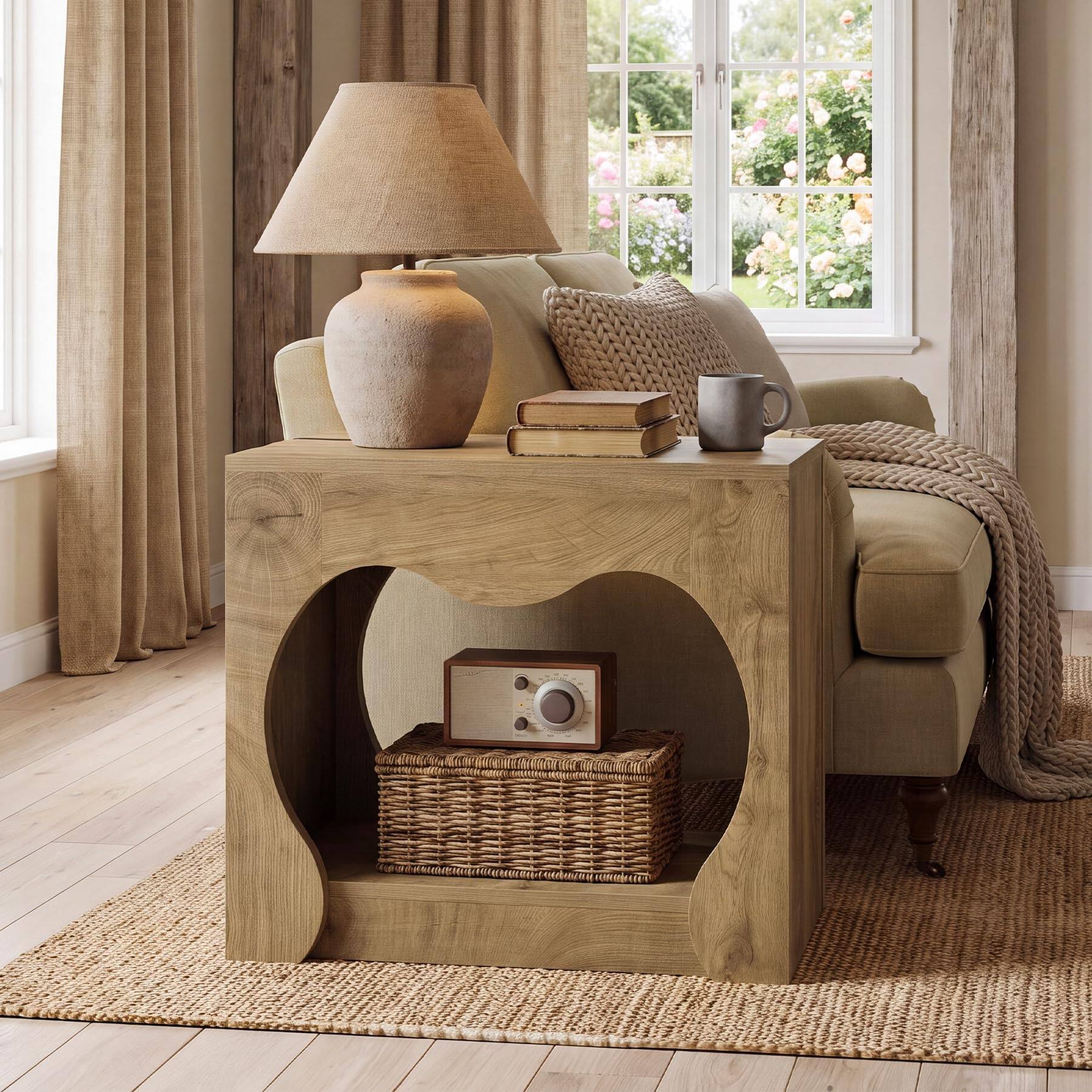 Left. Tribesigns - Wood End Table, 2-Tier Farmhouse Side Table with Storage Shelves - Natural Brown.