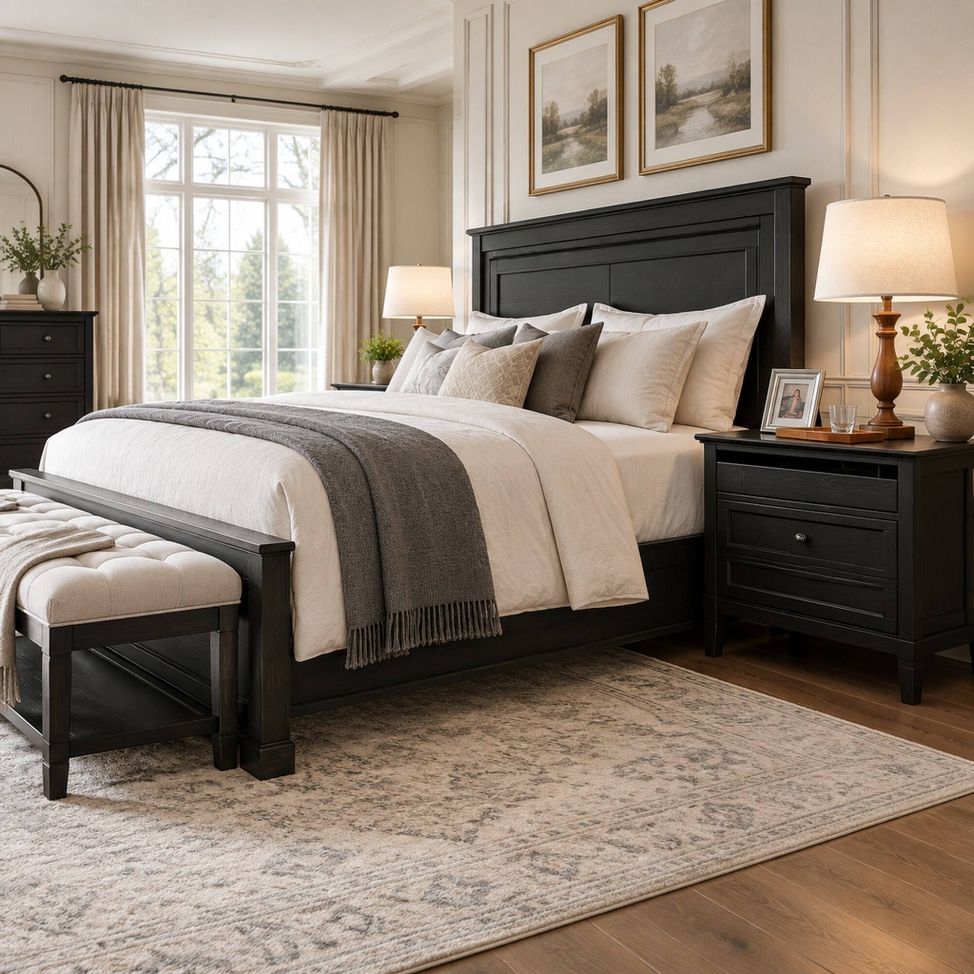 Angle. RYHNUYNE - 28 in Wood Nightstand, Farmhouse Bedside Table, 3 Drawers, Charging Station, USB and Type-C Ports, Oak Finish - Black.