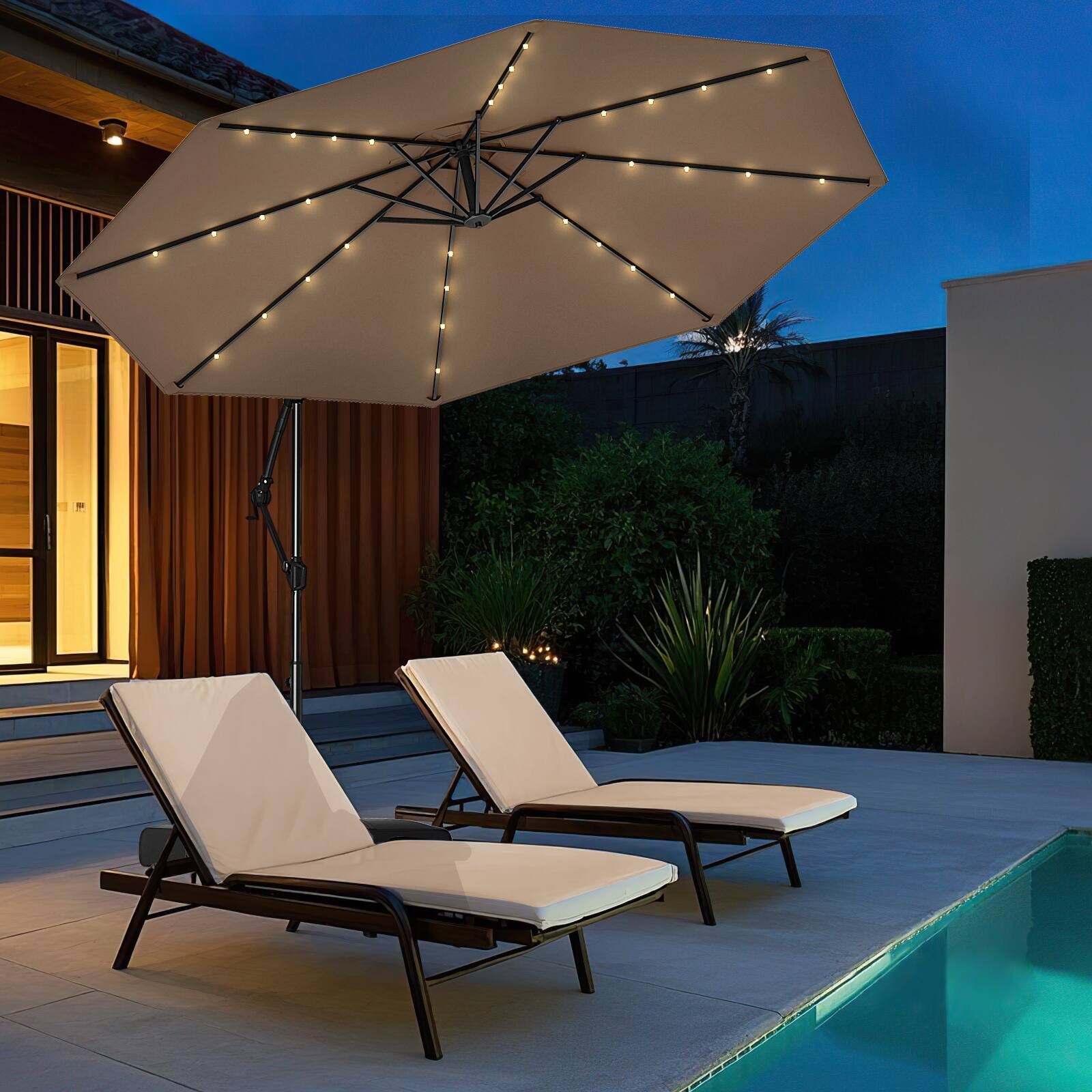 Mondawe - 10 ft Solar Offset Patio Umbrella with Base 32 LED Lights 360 Rotation for Patio - Brown