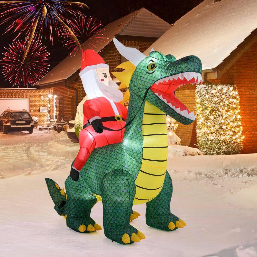 Alt View 1. Resenkos - Resenkos 6.7-Ft Christmas Inflatable Santa Riding Dinosaur with LED Lights - Multi-Color - Green.
