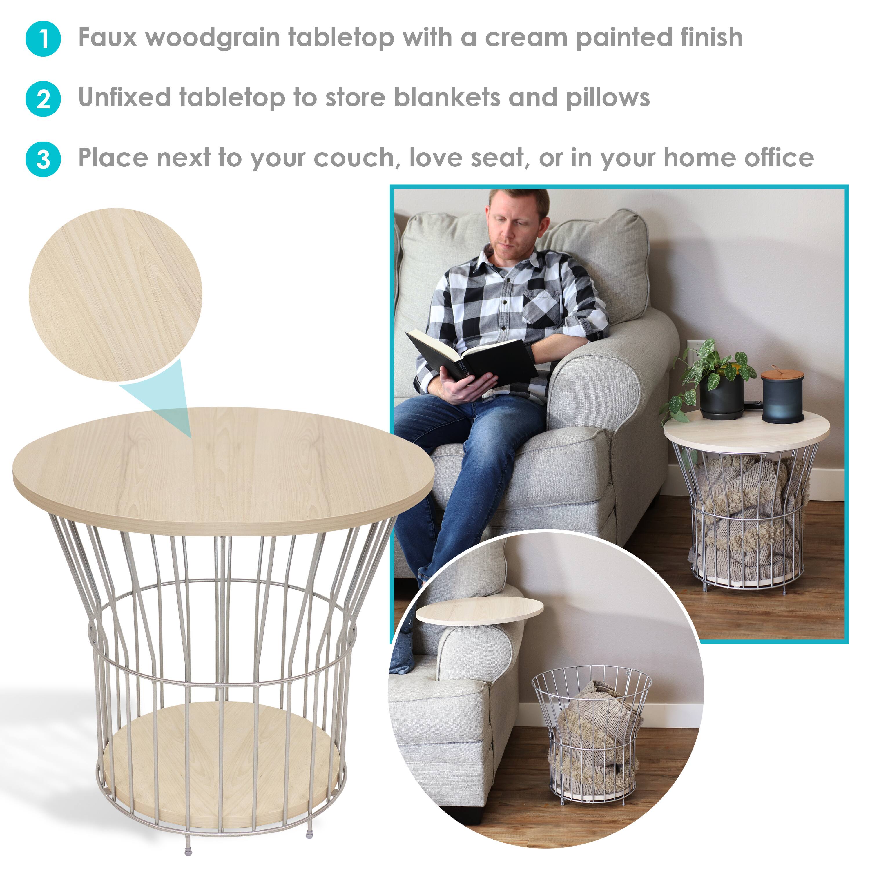 1. Faux woodgrain tabletop with a cream painted finish  
2. Unfixed tabletop to store blankets and pillows  
3. Place next to your couch, love seat, or in your home office