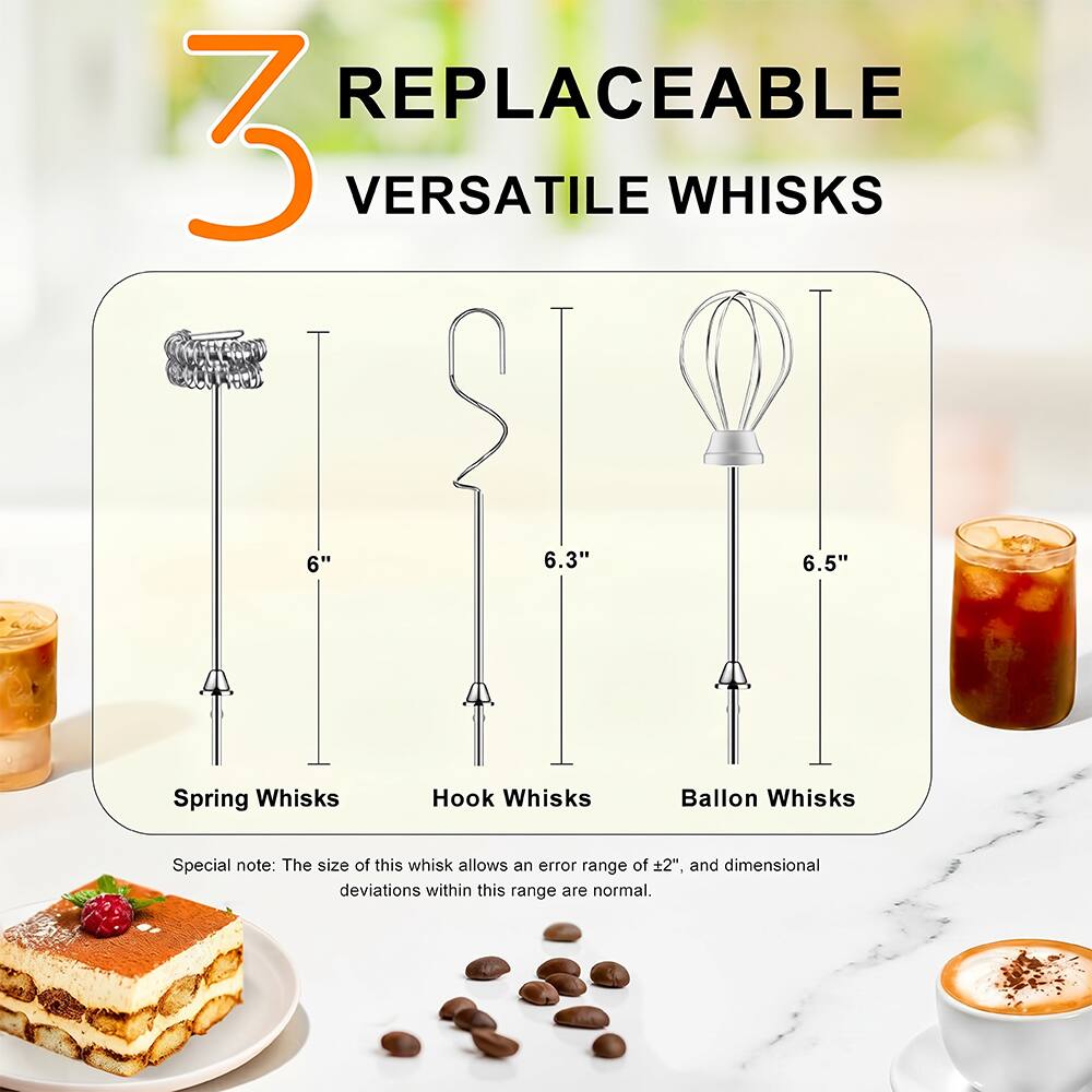 7 REPLACEABLE VERSATILE WHISKS

6"
6.3"
6.5"

Spring Whisks
Hook Whisks
Ballon Whisks

Special note: The size of this whisk allows an error range of ±2", and dimensional deviations within this range are normal.