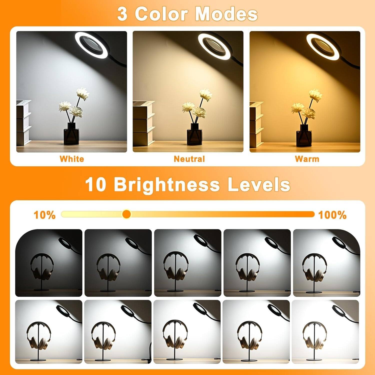 3 Color Modes  
White Neutral Warm  

10 Brightness Levels  
10% 100%