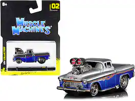1955 Chevrolet Cameo Pickup Truck with Flames 1/64 Diecast Model Car by Muscle Machines - Gray and Blue Metallic