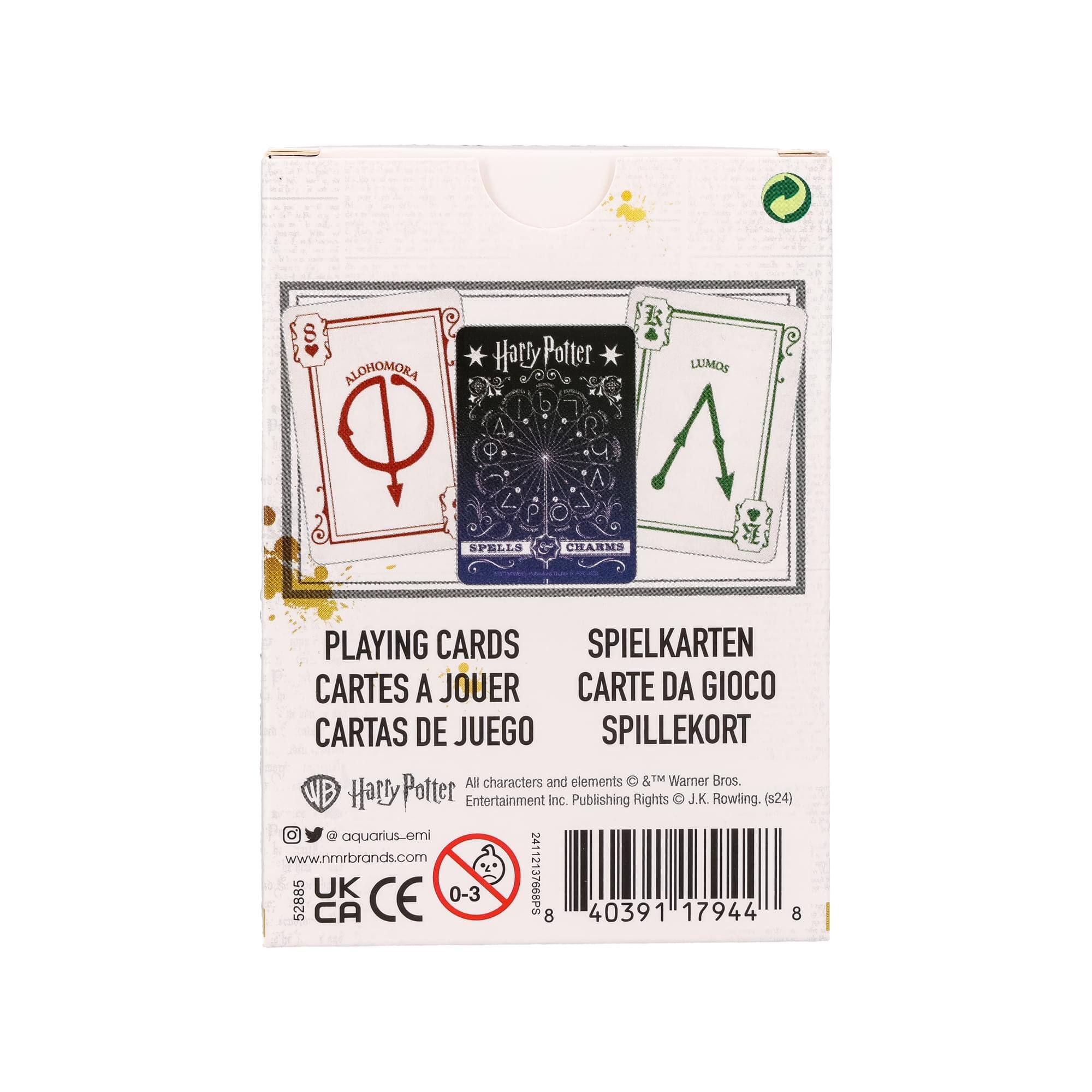 ALOHOMORA  
LUMOS  
SPELLS  

PLAYING CARDS  
CARTE A JOUER  
CARTAS DE JUEGO  
SPIELKARTEN  
CARTE DA GIOCO  
SPILLEKORT  

Harry Potter  
All characters and elements ©™ Warner Bros. Entertainment Inc. Publishing Rights © J.K. Rowling. (s24)  

www.nmrbrands.com  
@aquarius_emi  

UK CA CE  
0-3  

40391 17944