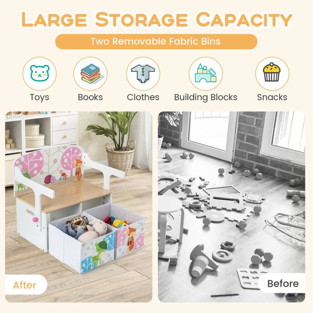 LARGE STORAGE CAPACITY  
Two Removable Fabric Bins  
Toys  
Books  
Clothes  
Building Blocks  
Snacks  

After  
Before