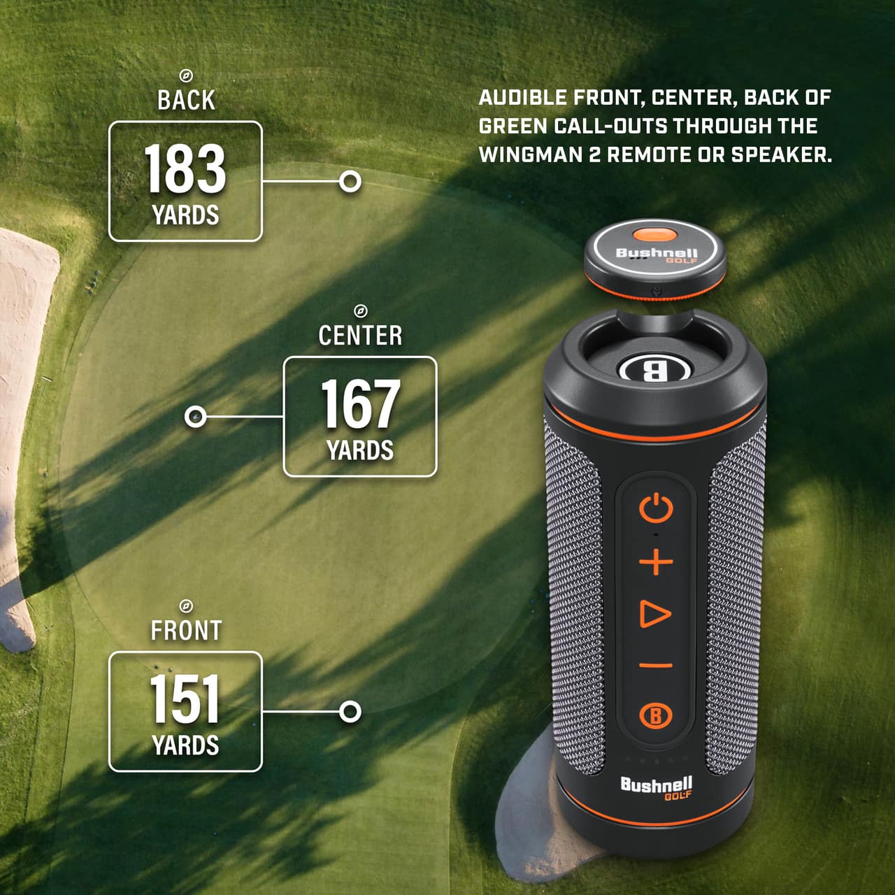The text on the image is grouped and corrected as follows:
Bushnell Golf:
* Front 151 yards
* Center 167 yards
* Back of green call-outs through the Wingman 2 remote or speaker.