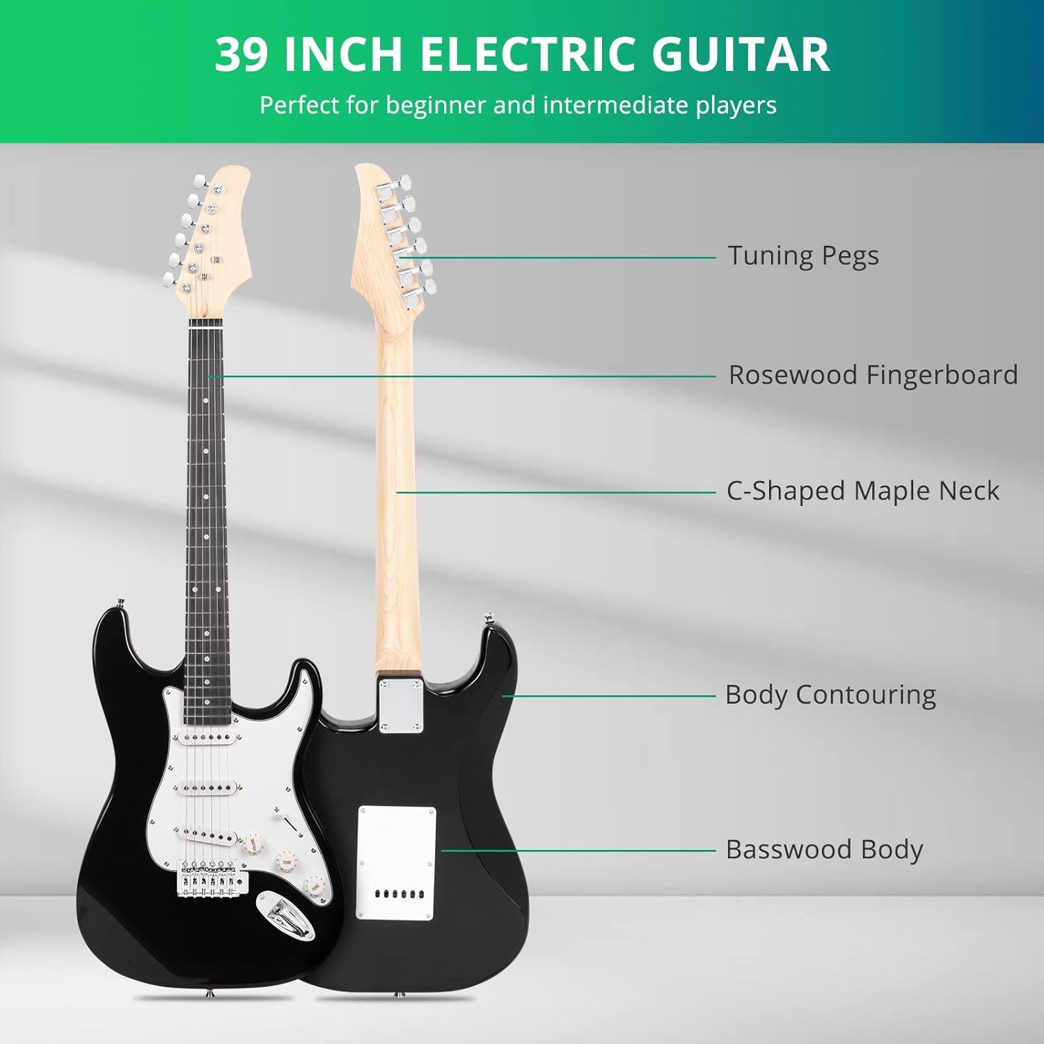 39 INCH ELECTRIC GUITAR  
Perfect for beginner and intermediate players  

- Tuning Pegs  
- Rosewood Fingerboard  
- C-Shaped Maple Neck  
- Body Contouring  
- Basswood Body