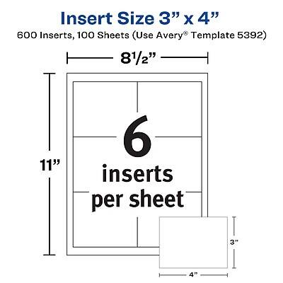 Insert Size 3" x 4"

600 Inserts, 100 Sheets (Use Avery® Template 5392)

8½" x 11"

6 inserts per sheet

3" x 4"
