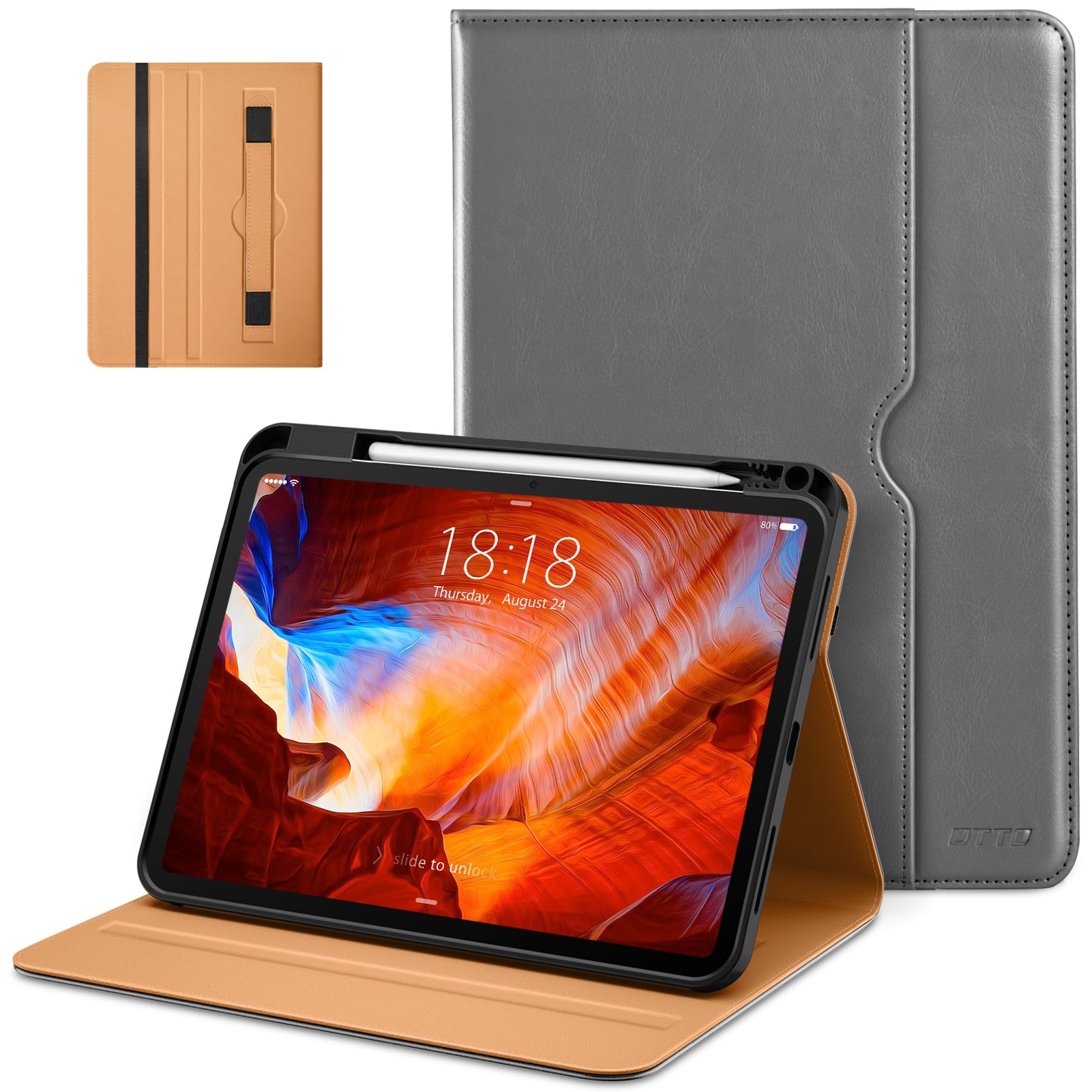 DTTO - Case for iPad Pro 11 Inch M5/M4,Premium Leather Business Folio Stand Cover with Pencil Holder, Auto Wake/Sleep - Gray