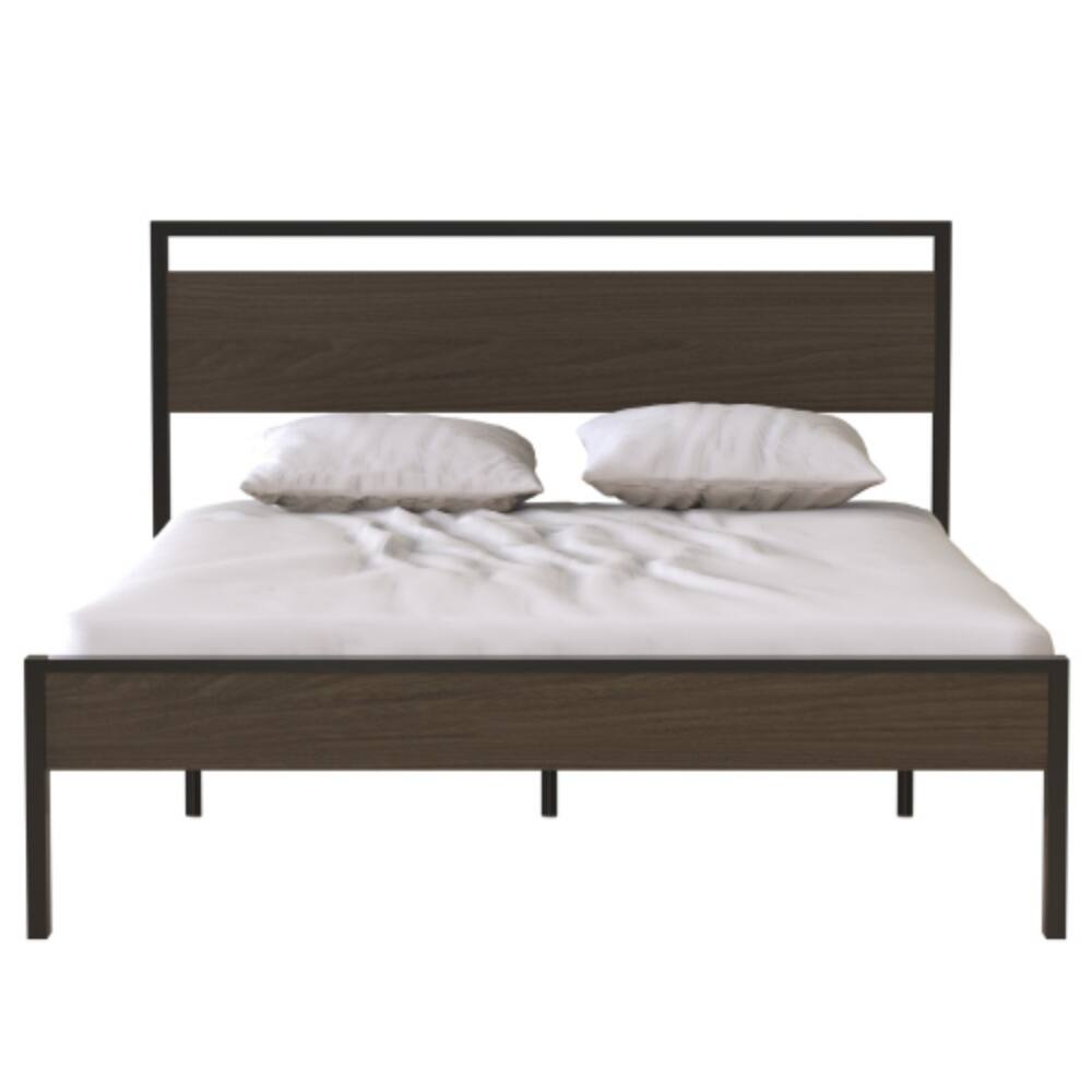 Alt View 1. LUCKY ONE - Queen Size Ceres Metal Bed with Walnut Wood Headboard and Footboard, Industrial Style, Metal Slats, No Box Spring Needed - Black.