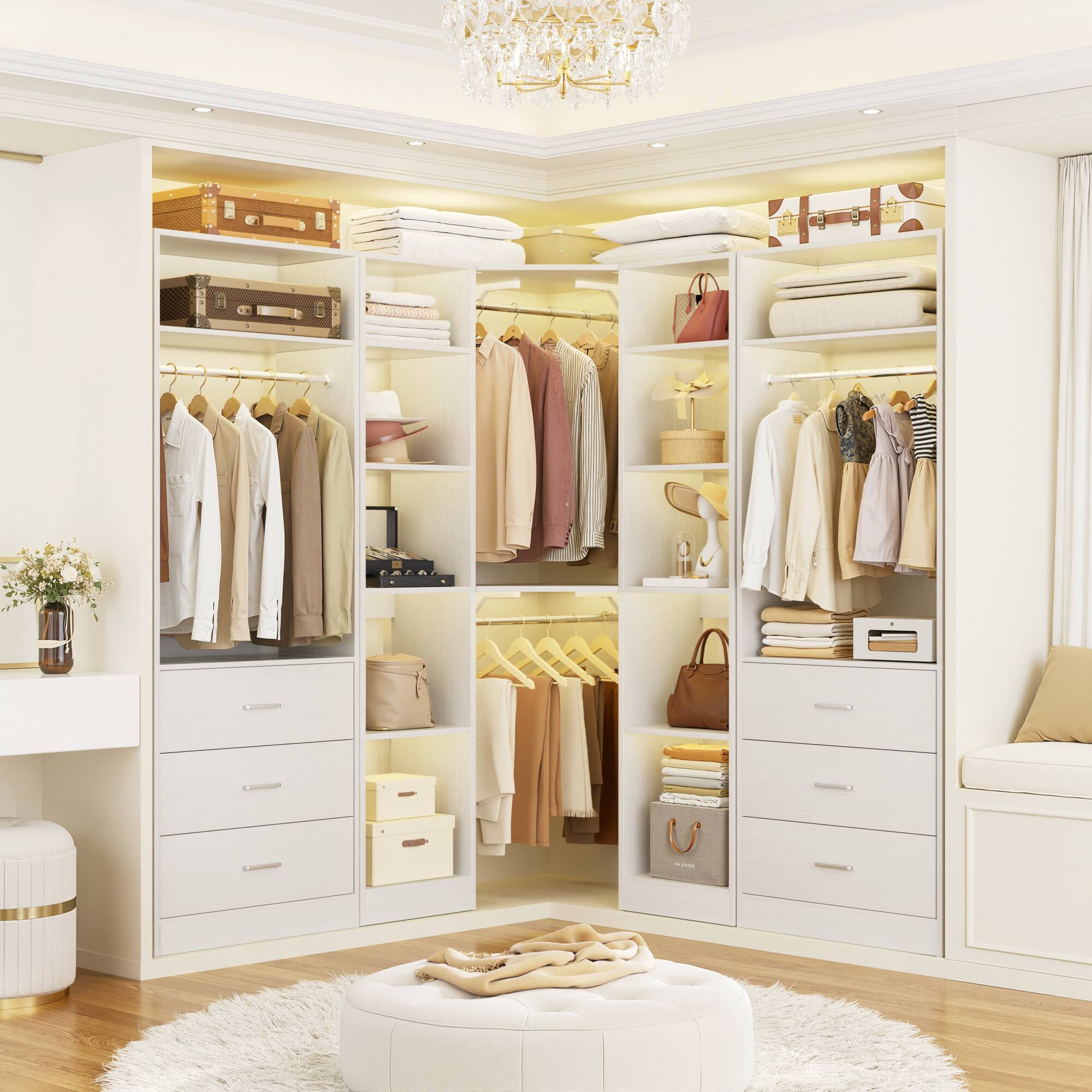 Left. Aheaplus - Reversible L Shaped Corner Walk-in Closet System - 6 Drawers, 20+ Shelves, 4 Hanging Rods, 2500+LBS Load,63.2"L-87.2"L. - White.