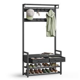Songmics Home - Hall Tree with Bench and Shoe Storage, Entryway Coat Rack with Shoe Bench, 2 Fabric Drawers, 10 Hooks - Stone Gray and Ink Black