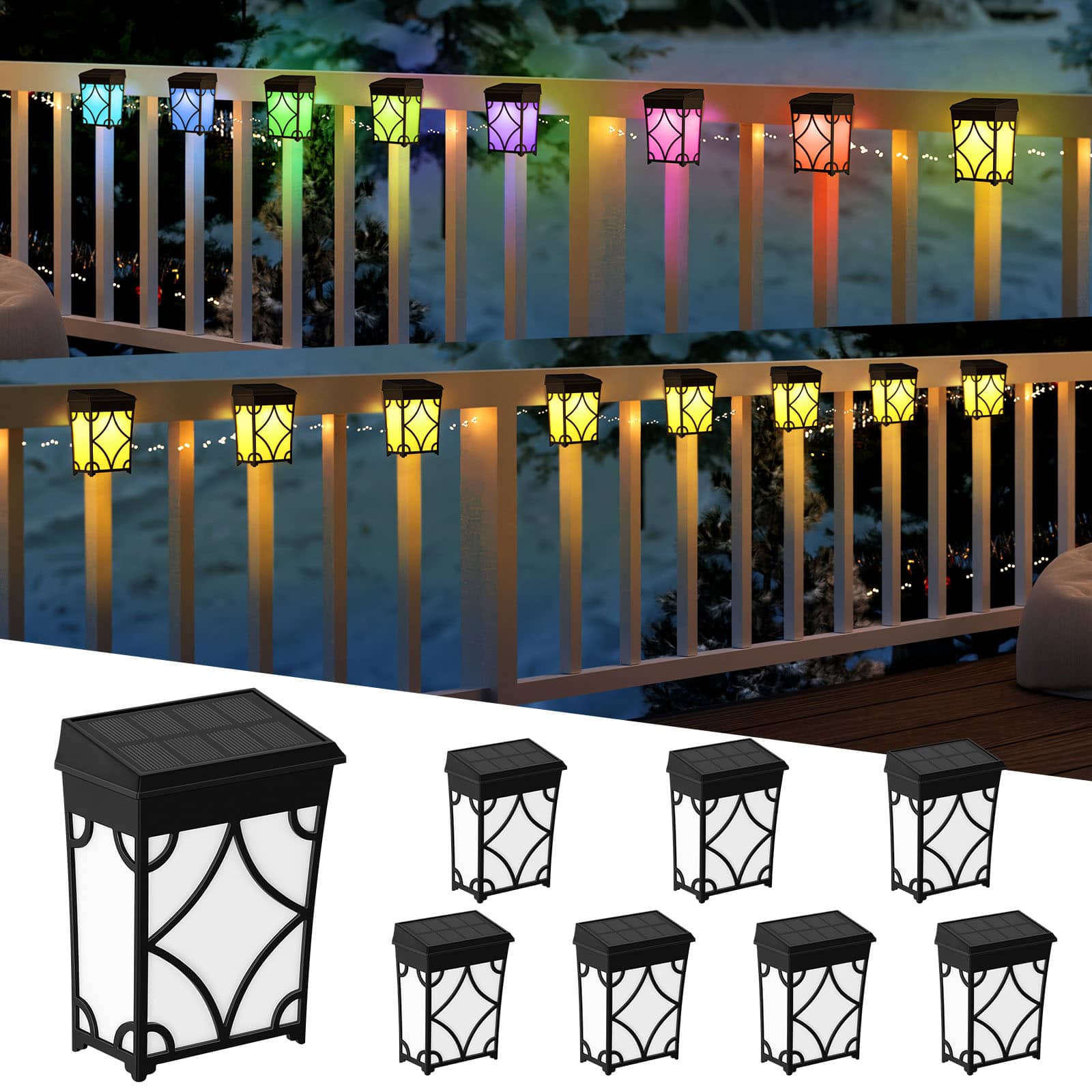 Oumilen - 8 Pack Solar Fence Lights, 2 Modes RGB Warm White Solar Deck Lights