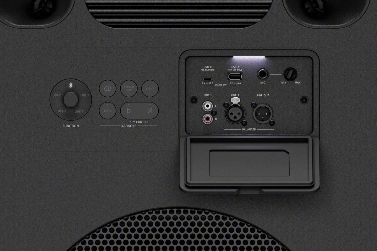 USB-C FOR FC/PHONE  
USB-A FOR LPLS HAW  
STEREO PAIR  
LIGHT  
15A CHARGE OUT  
5A  
MIC  
MIN  
MAX  
USB-C  
LINE 1  
LINE 1  
LINE 2 PUSH  
LINE OUT  
USB-A LINE 2 FUNCTION  
ECHO  
b # KEY CONTROL KARAOKE  
L R  
BALANCED