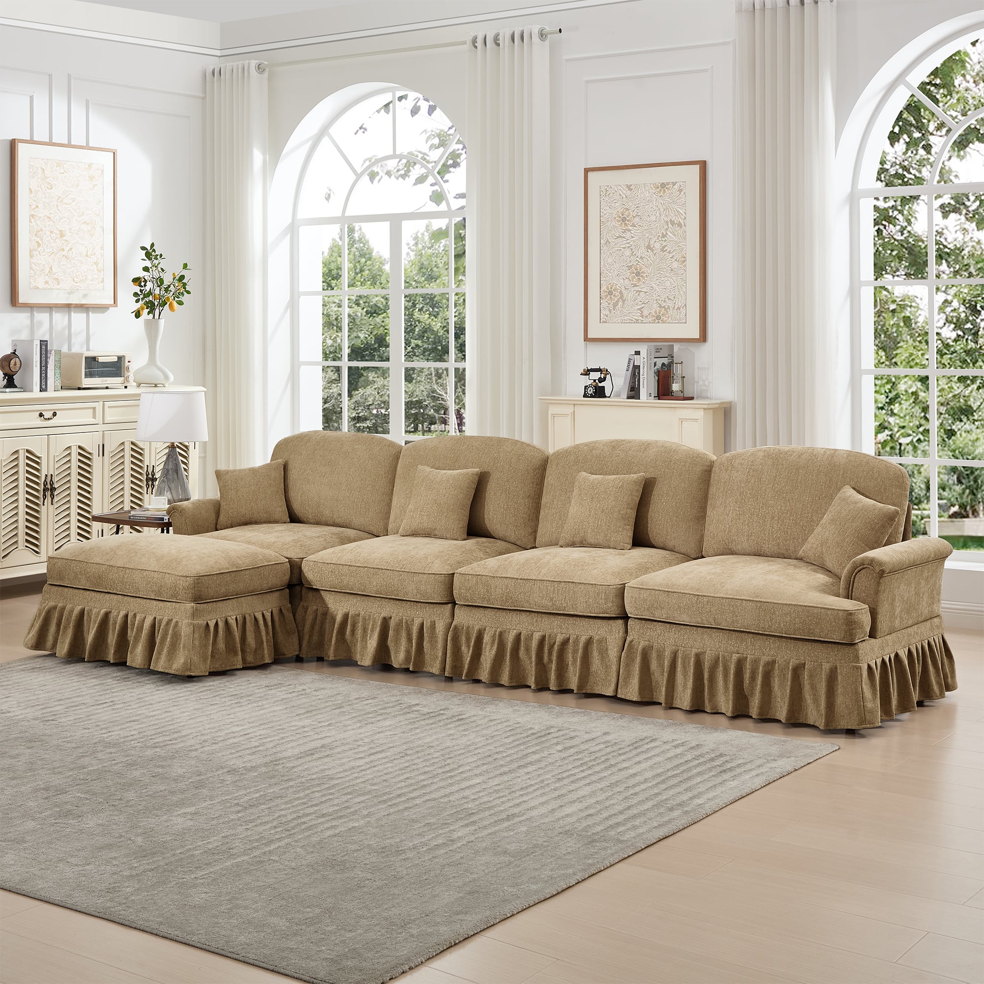 Anysun - Classic L-Shape Chenille 4-Seat Sectional with Ottoman - Flared Arms, Ruffled Skirt & Spindle Legs, Deep Seat - Coffee
