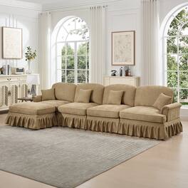 Anysun - Classic L-Shape Chenille 4-Seat Sectional with Ottoman - Flared Arms, Ruffled Skirt & Spindle Legs, Deep Seat - Coffee