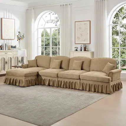 Front. Anysun - Classic L-Shape Chenille 4-Seat Sectional with Ottoman - Flared Arms, Ruffled Skirt & Spindle Legs, Deep Seat - Coffee.