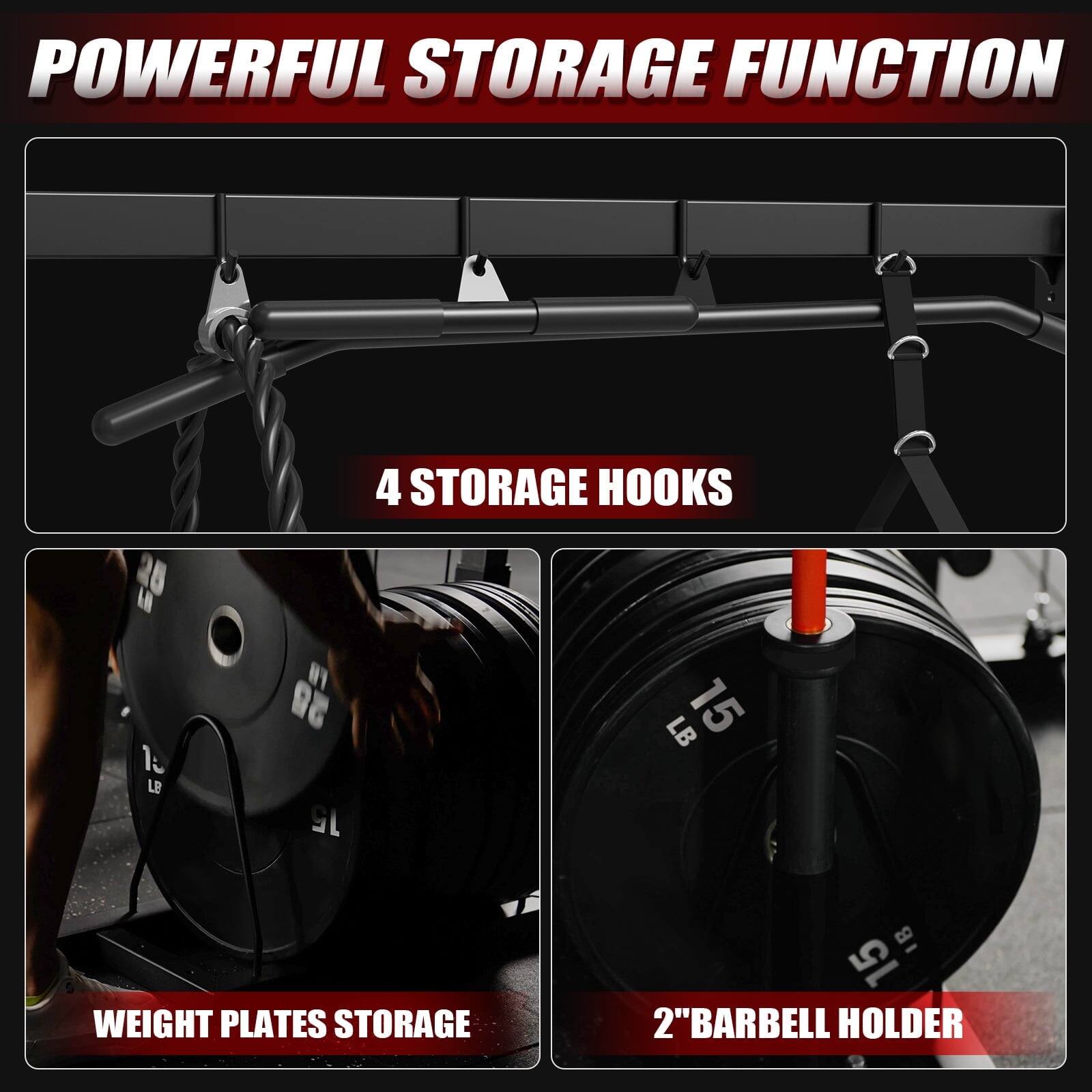 POWERFUL STORAGE FUNCTION 4 STORAGE HOOKS WEIGHT PLATES STORAGE 2"BARBELL HOLDER